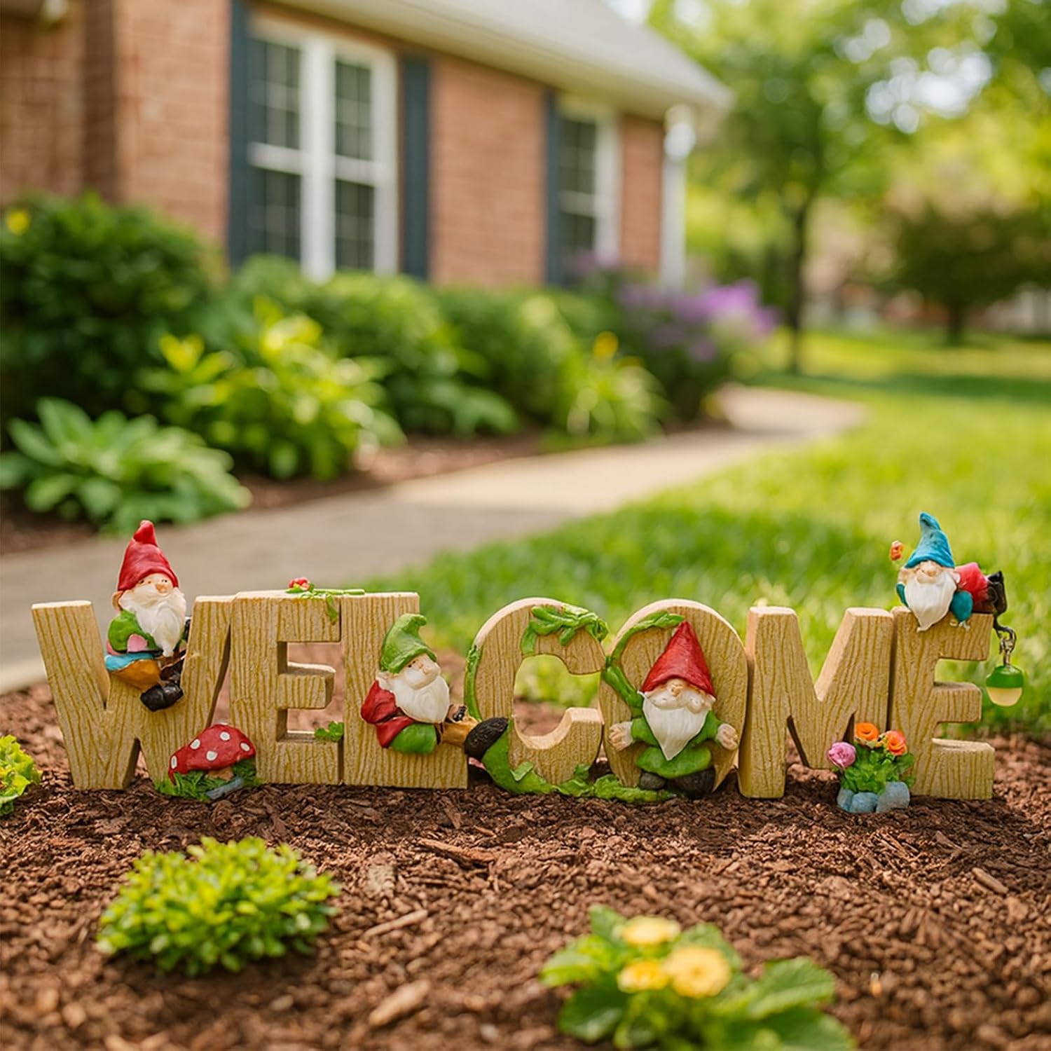 Welcome Gnome Resin Sign, Garden & Porch Decor, Hand-Painted “Welcome” Word with Mini Gnomes and Mushrooms, Table/Step/Flower Bed Accent, 9.84" Wide