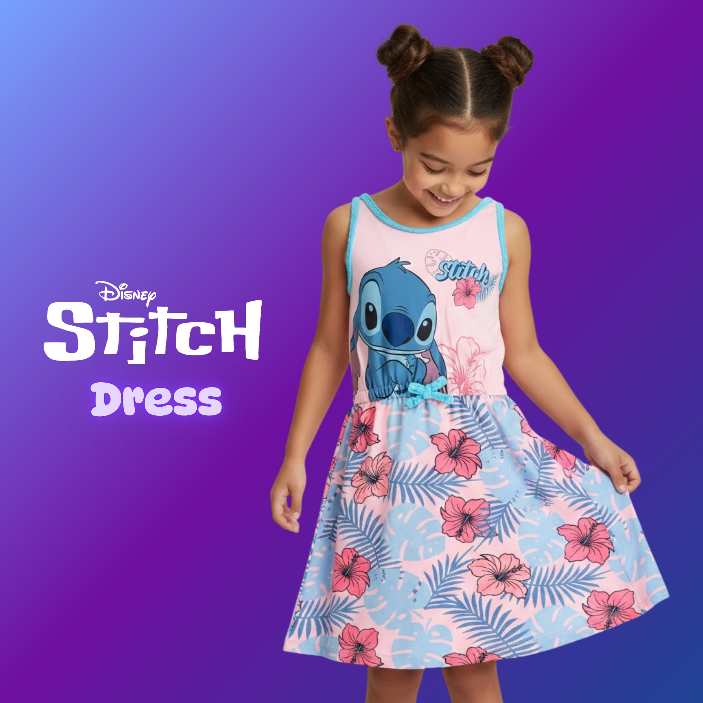 Disney Stitch Vestido para Niña Algodon Suave Tropical Manga Corta Tallas 3-8 Años