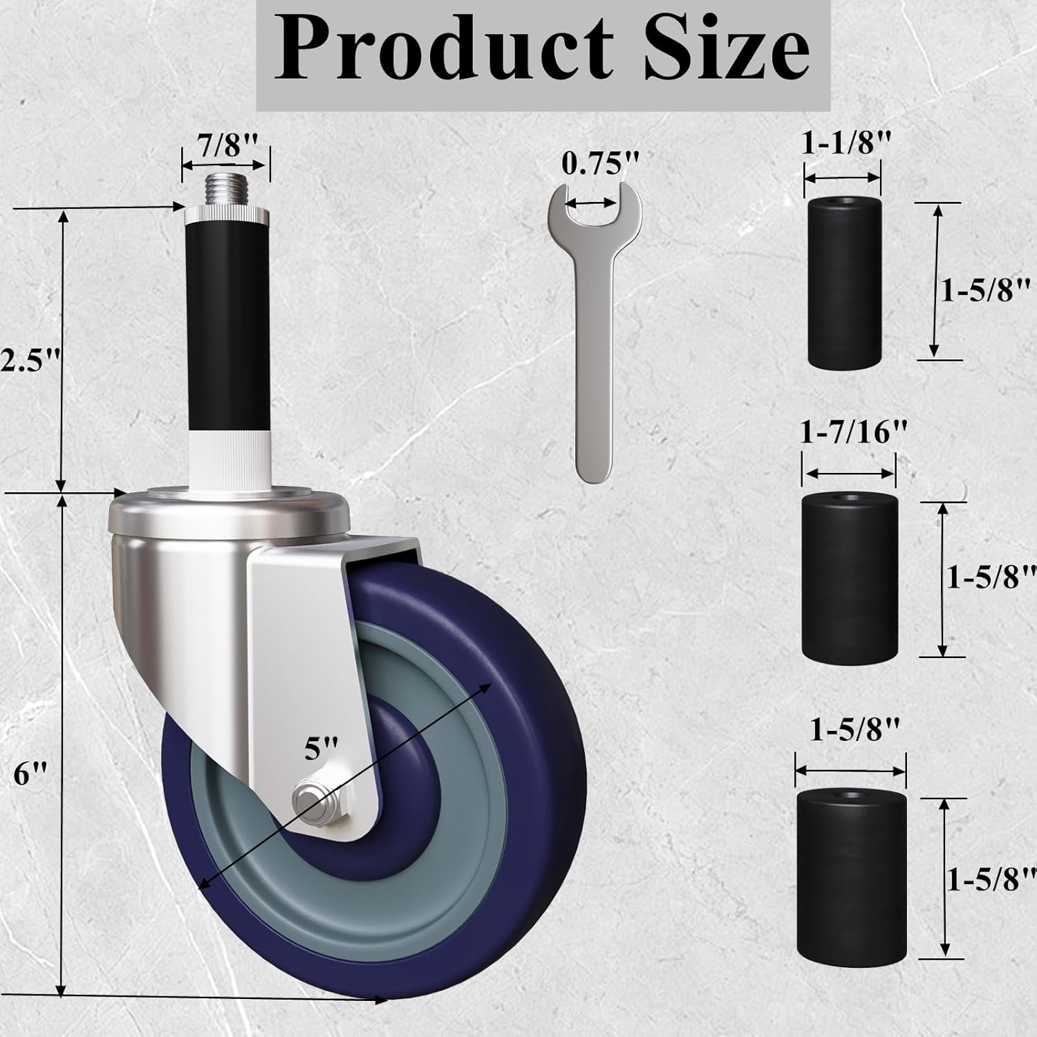 5 inch Expanding Stem Caster Set of 4, Prep Table Casters Fit 7/8" to 1-3/4" ID Tube Pipe Legs for Stainless Steel Table, Equipment Stand, Carts, Wire Shelving Racks (2 with Brake
