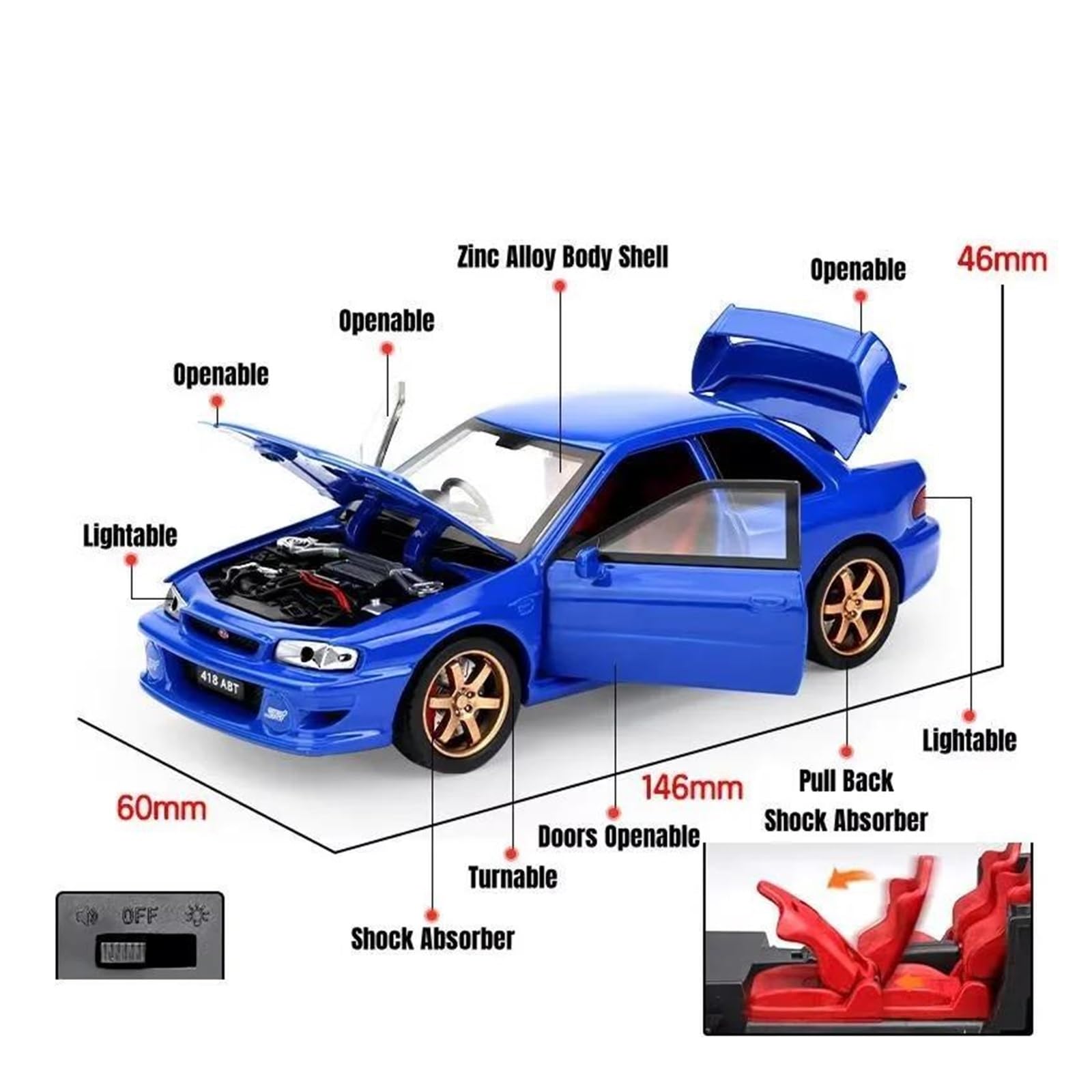 Veicoli a Motore in Scala 1/32 for Subaru Impreza WRX STI Modello di Auto Pressofuso in Lega di Metallo in Miniatura Collezione di Veicoli Modello di Auto Replica(Blue)