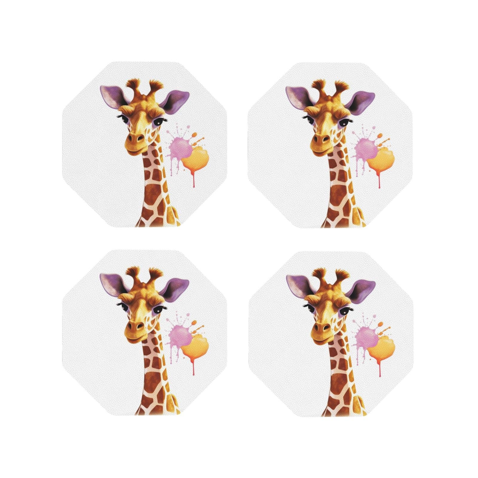 4Pcs PU Leather Coaster for Drinks, Giraffe Cup Coastersr 4" Cup Mat Pad, Aesthetic Drink Coasters for Coffee Table, Octagon Coaster for Tabletop Protection