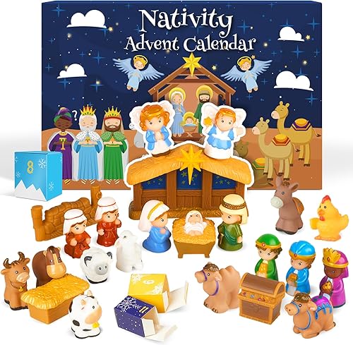Calendario de Adviento de Natividad 2025 para Niños, Juego de Natividad de Historia de Navidad Calendario de Adviento Cristiano para Niños Pequeños,
