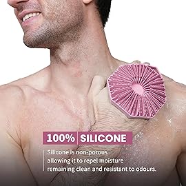 iTokGoK Premium Silver-Infused Double-Sided Design 2-in-1 Silicone Body Scrubber for Women,Body Buffer Scrubber for Sensitive Skin, Ergonomic No-Slip Handle, Long-Lasting & Easy to Clean - Pink