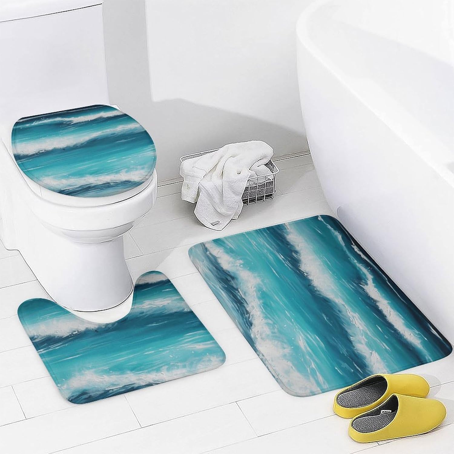 Turquoise Beach Original Seascape Shower Curtain Set 4 Piece, Non-Slip Bath Mat with Toilet Lid Cover and Waterproof Shower Curtain with 12 Hooks, Complete Bathroom Set for Home Decor