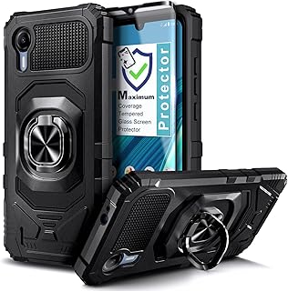 NZND Compatible with Cricket Debut S2 / At&t Calypso 4 Case with Tempered Glass Screen Protector (Maximum Coverage), Full-Body Protective Magnetic Car Ring Holder [Military-Grade] Case (Black)
