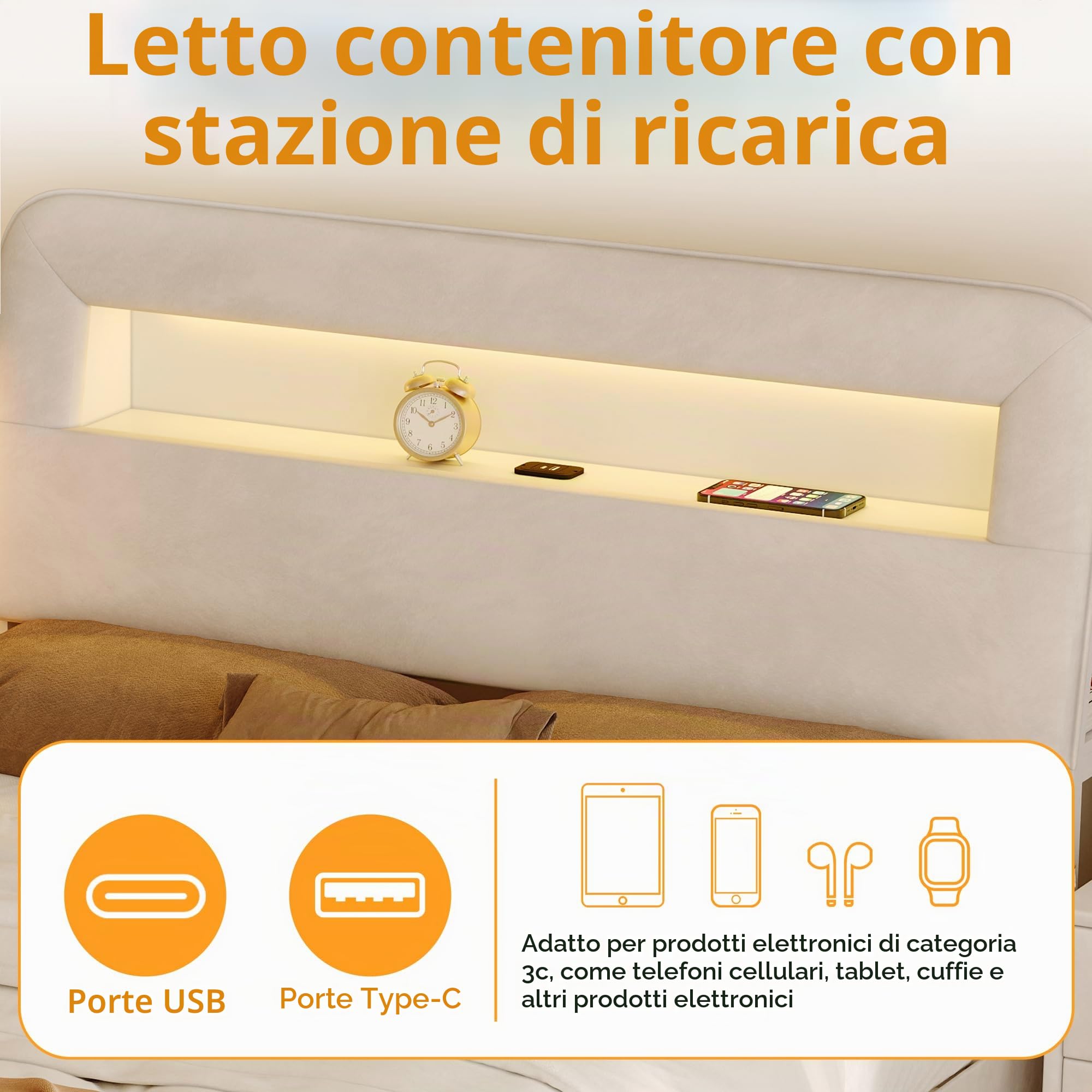 Letto imbottito 160x200 cm con 2 Cassetti, Letto matrimoniale a LED, letto contenitore una piazza e mezza, Funzionale con testiera, Struttura letto con rete a doghe, in Velluto