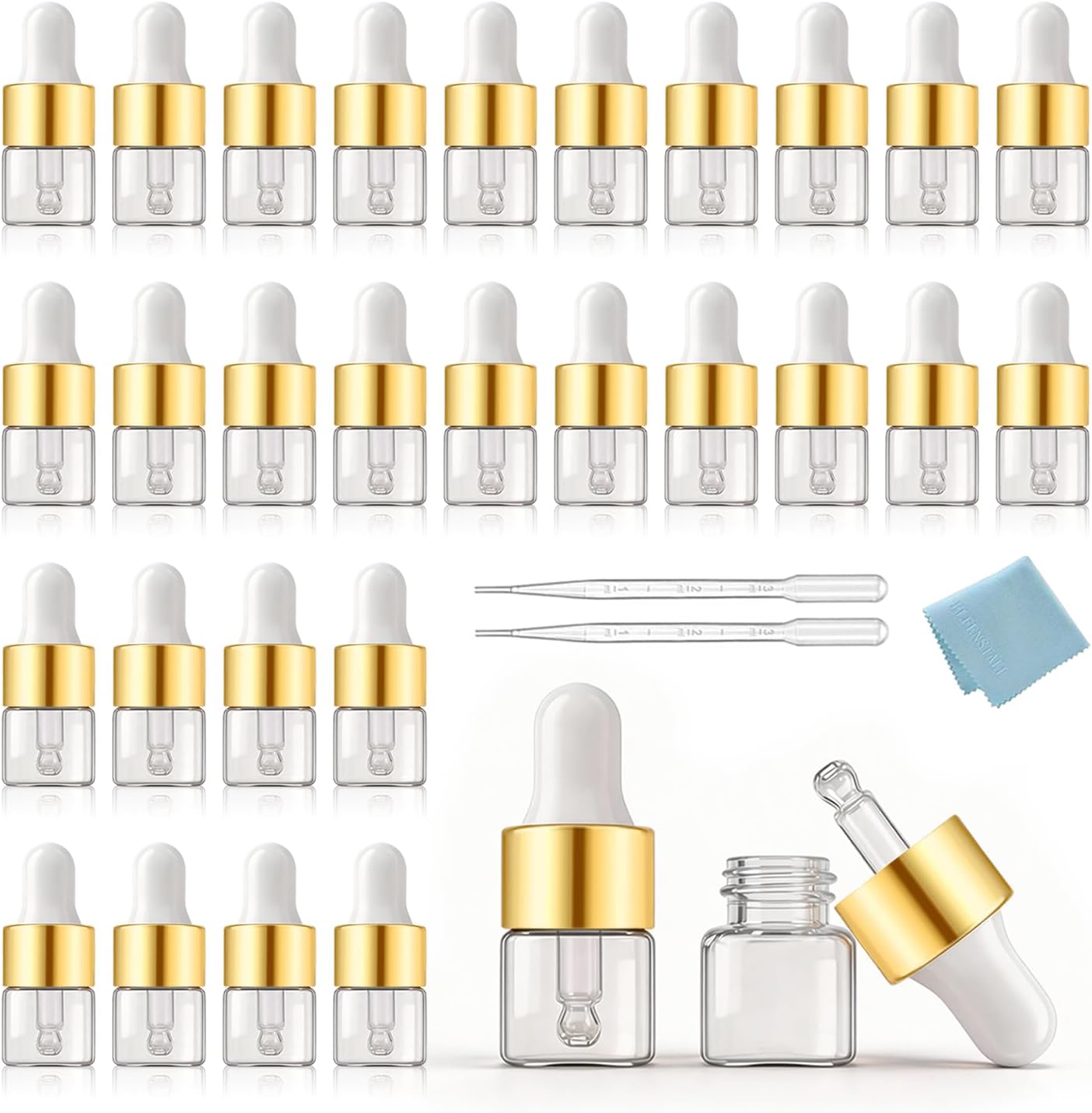 50pcs 1ml (1/4 Dram) Amber Mini Glass Bottle 1cc Amber Vial Small Essential Oil Sample Travel Bottle with Eye Dropper + 1pc Clean Cloth + 1pc 1ml dropper