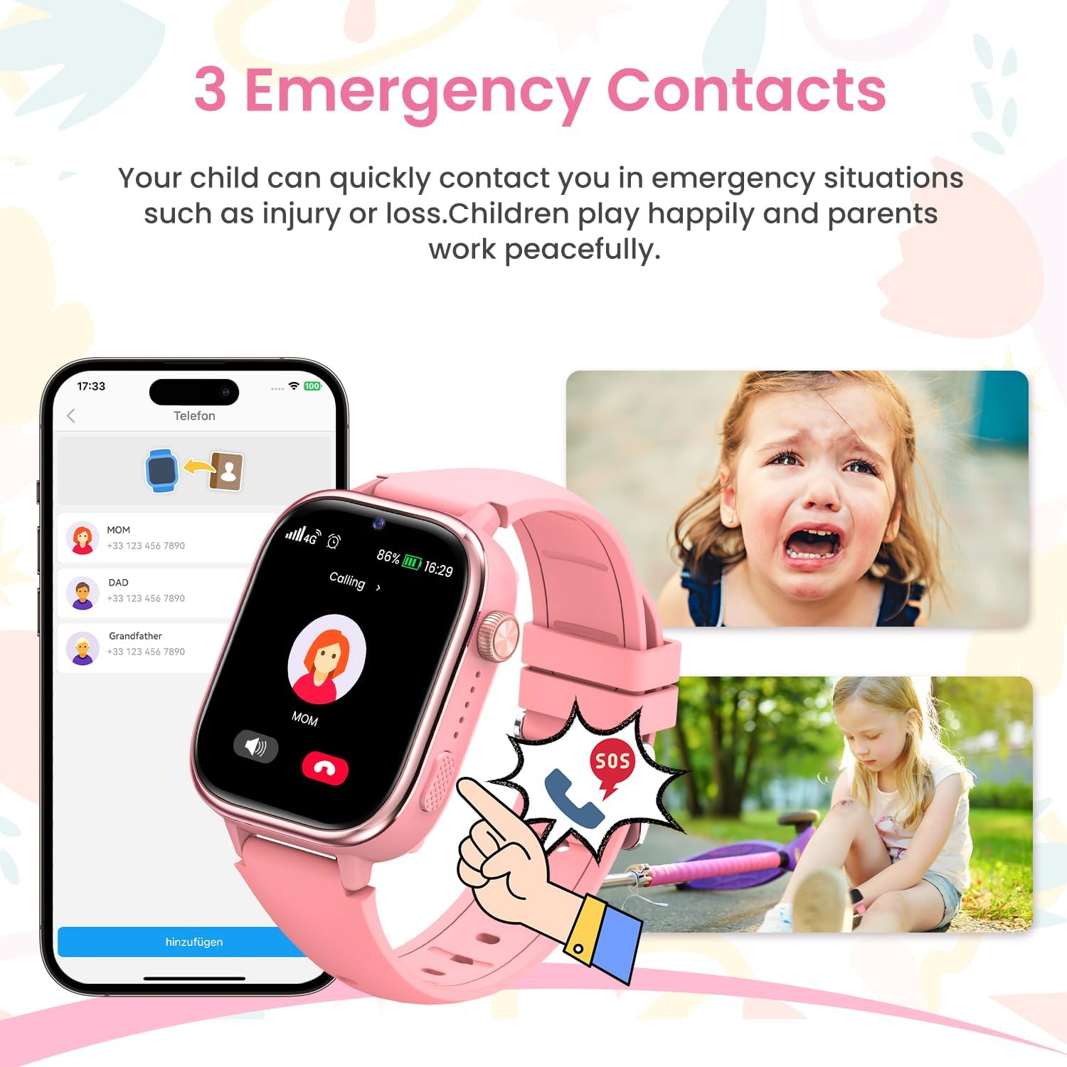Image illustrating the SOS function with a child pressing the SOS button on the watch, and a phone screen showing emergency contacts.