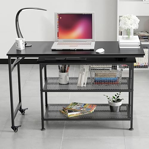 Miniatura 4 de Need Escritorio de computadora móvil con estantes de almacenamiento, escritorio de esquina giratorio en forma de L, escritorio de oficina en casa,