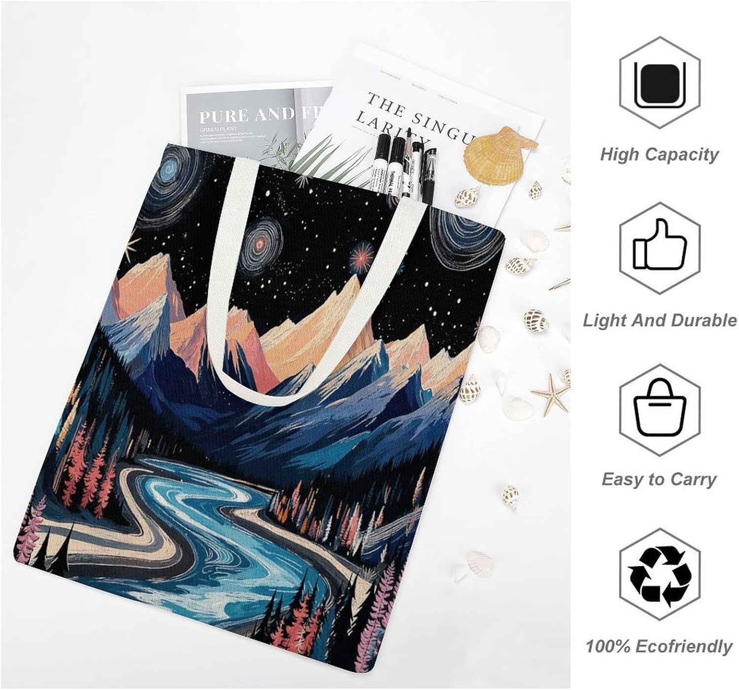 Dreamy Starry Night Canvas Tote Bag Reusable Grocery Bags Foldable Soft Cotton Shoulder Carry Bag