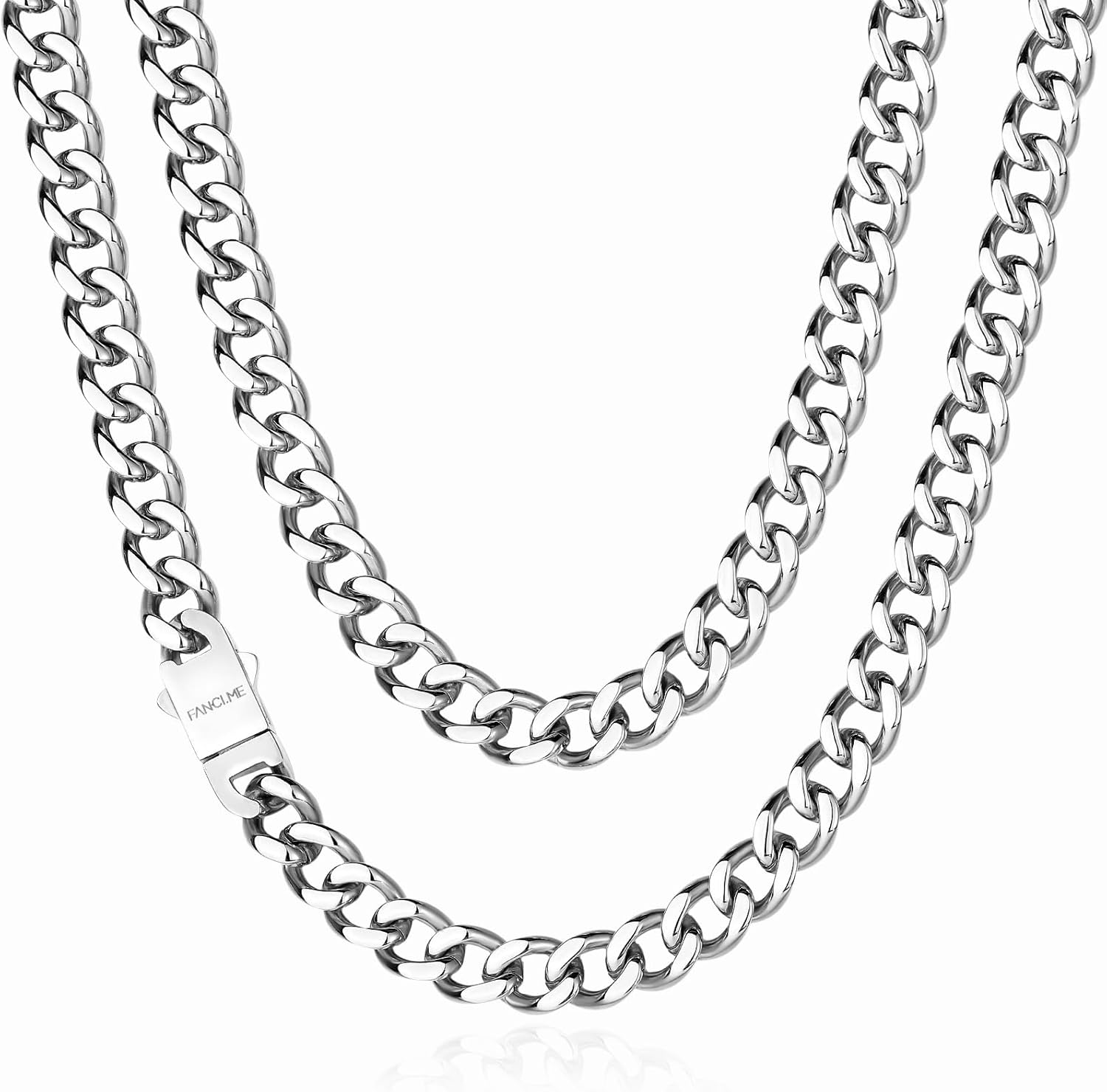 FANCIME Gifts for Men Miami Cuban Link Chain for Men Hip Hop Cuban Chain White Gold Plated Stainless Steel 7mm/9mm/11mm Width, 20"-24", Waterproof & Tarnish-Free