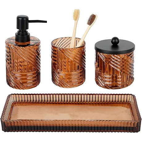 Amber Glass Toothbrush Holder and Bathroom Set