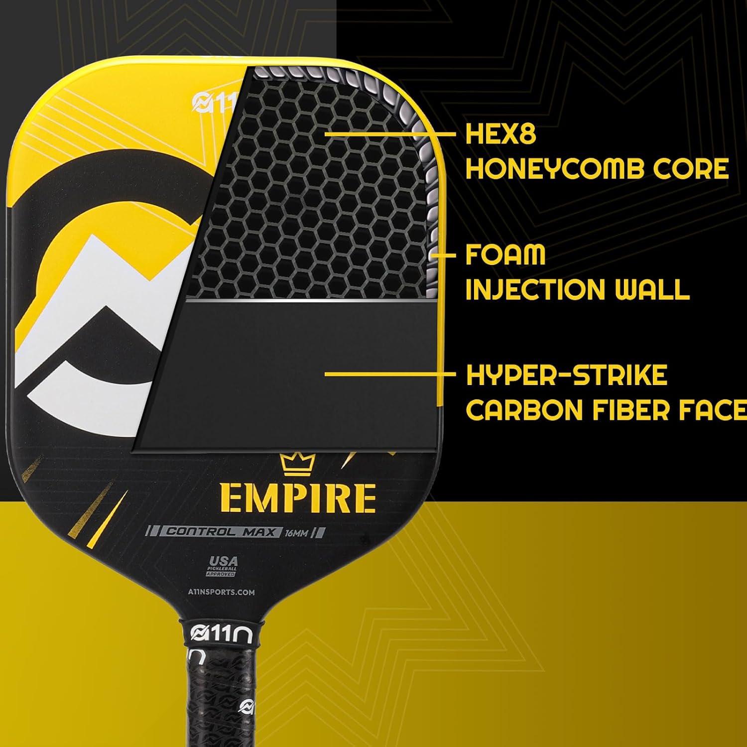 A11N SPORTS Empire Thermoformed Edgeless Pickleball Paddle | Carbon Fiber Face with SuperGrit Texture for Ultimate Spin | Longer Handle for Double-Handed Backhand