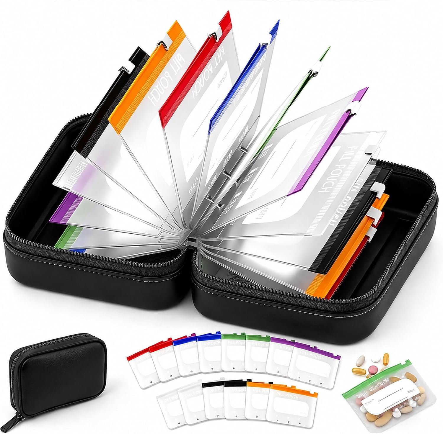 Waterproof Pill Organizer with 14 PCS Zippered Pill Pouches, Color-Coded Reusable Pill Pouches for Travel (Purple)