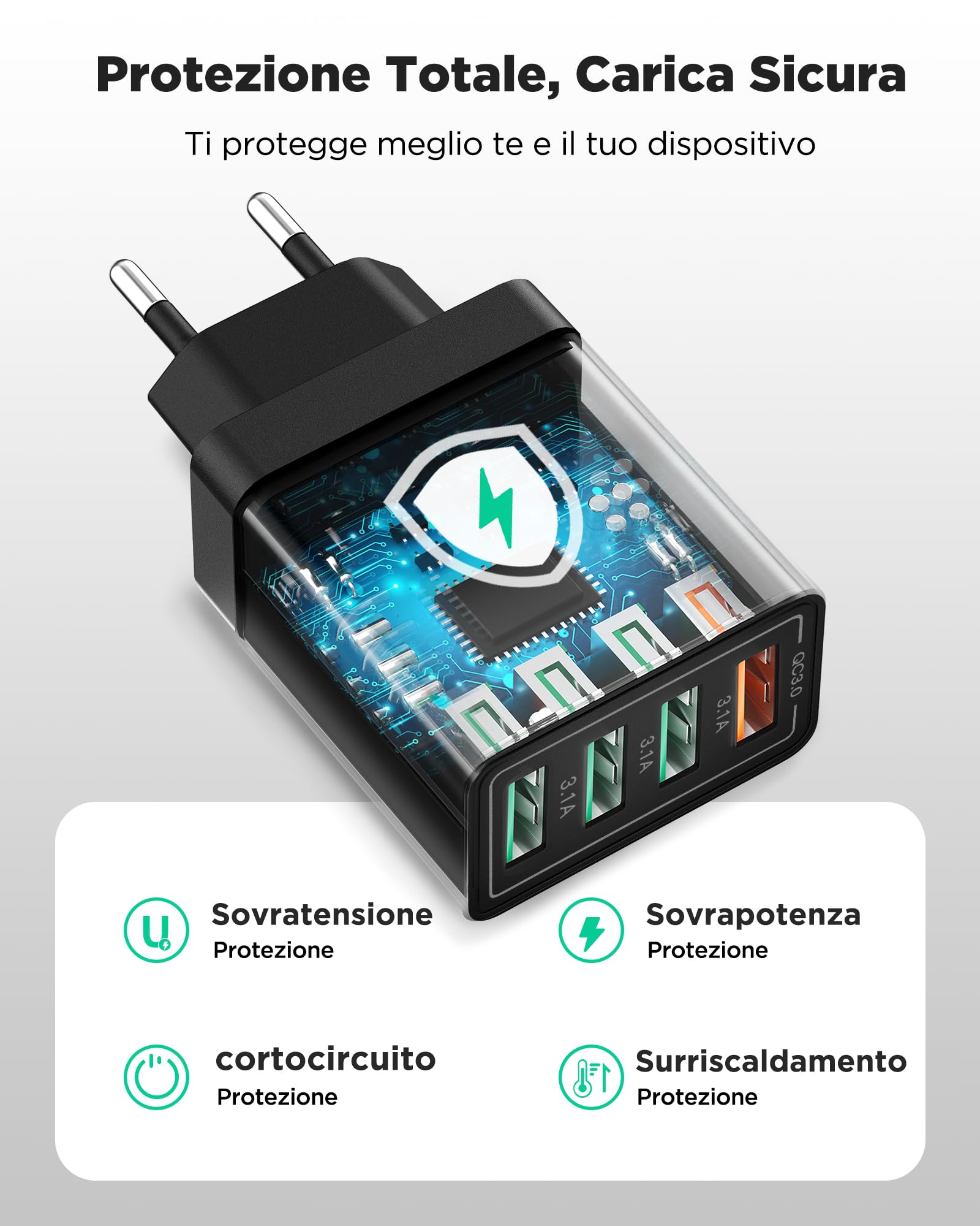 Caricatore USB, 4 Porte CaricatoreUSB da Muro 40W QC 3.0 Carica Rapida Caricabatterie USB Multiplo Alimentatore PresaUSB per Samsung Galaxy S21 S20 A71 A51,iPhone 15 14 13 12 11 X, Xiaomi, Huawei
