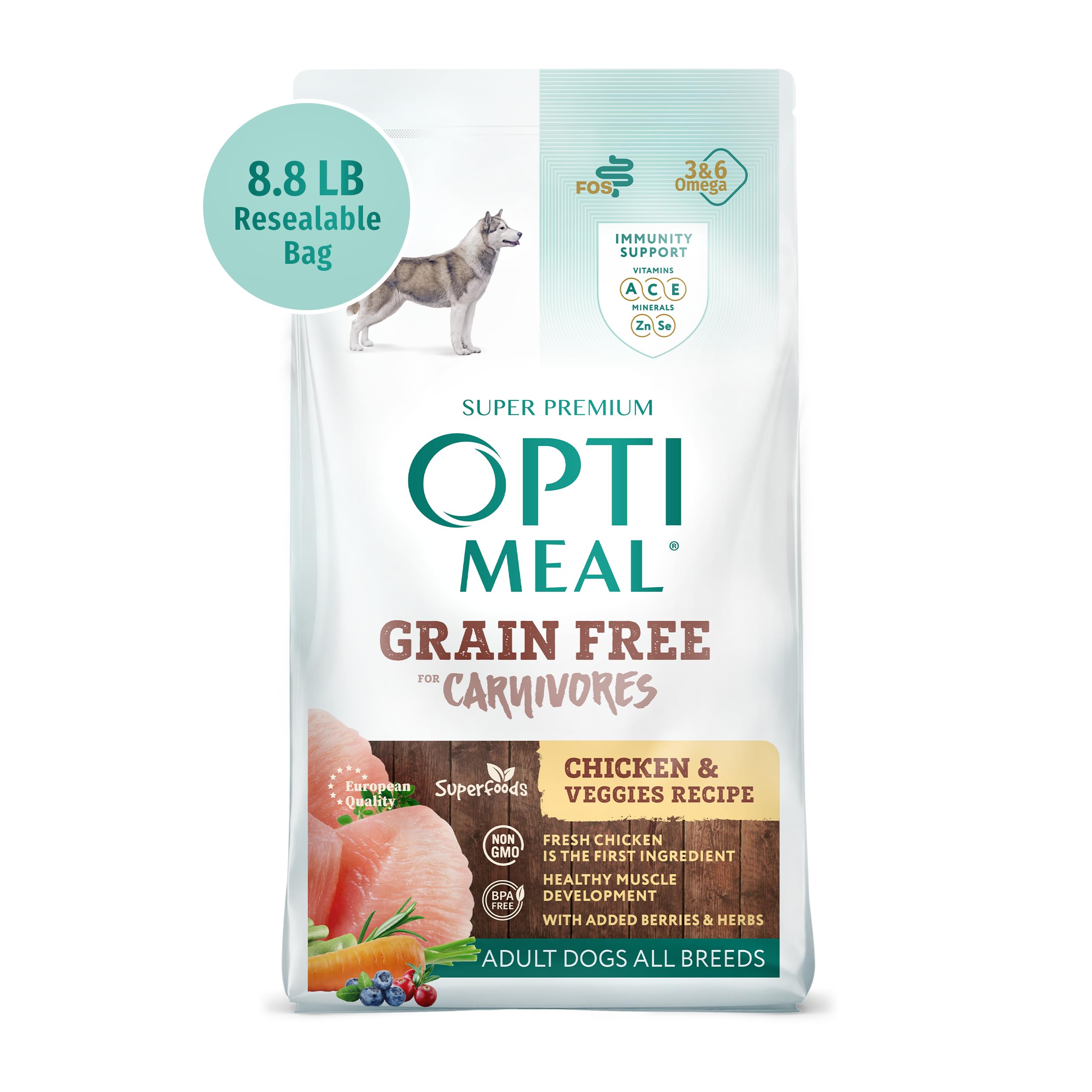 OPtimeal Grain-Free Dog Food - Proudly Ukrainian - Balanced Dog Food Dry Recipe with Immunity Support, Non-Grain Dry Dog Food for All Dog Breeds (8.8 lbs, Chicken & Veggies)