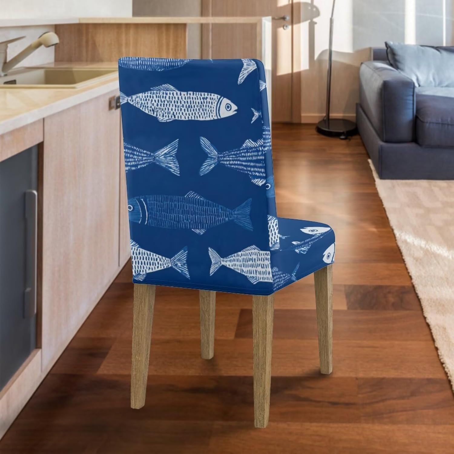 Dolyues Blue Fish Slip Cover Seat Covers Waterproof Soft Dining Chairs Seat Covers 6 Pack Parsons Chair Slipcover Protectors for Home Hotel Restaurant Banquet