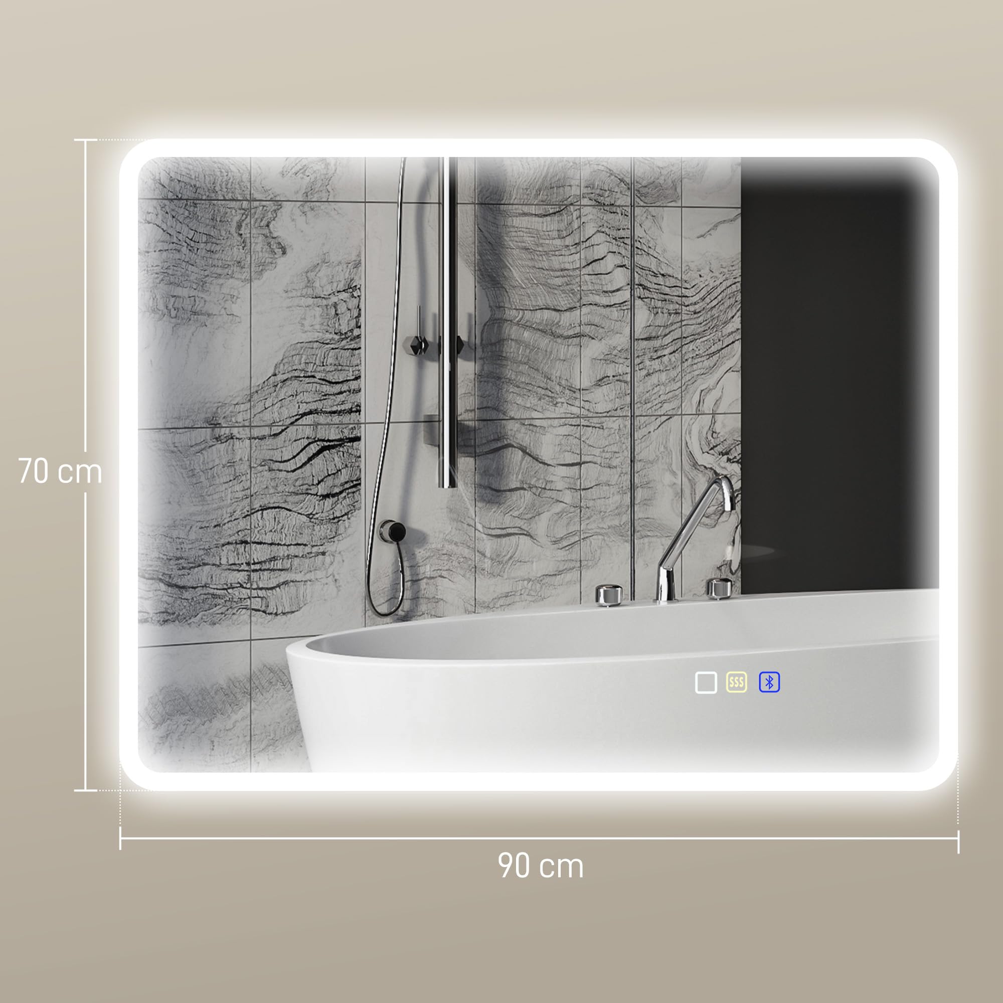 HOMCOM Miroir Salle de Bain Bluetooth 70 x 90 cm, Miroir Lumineux Salle de Bain Mural avec éclairage LED, Interrupteur Tactile, lumière réglable 3 Couleurs, Anti-buée, mémoire - Argent