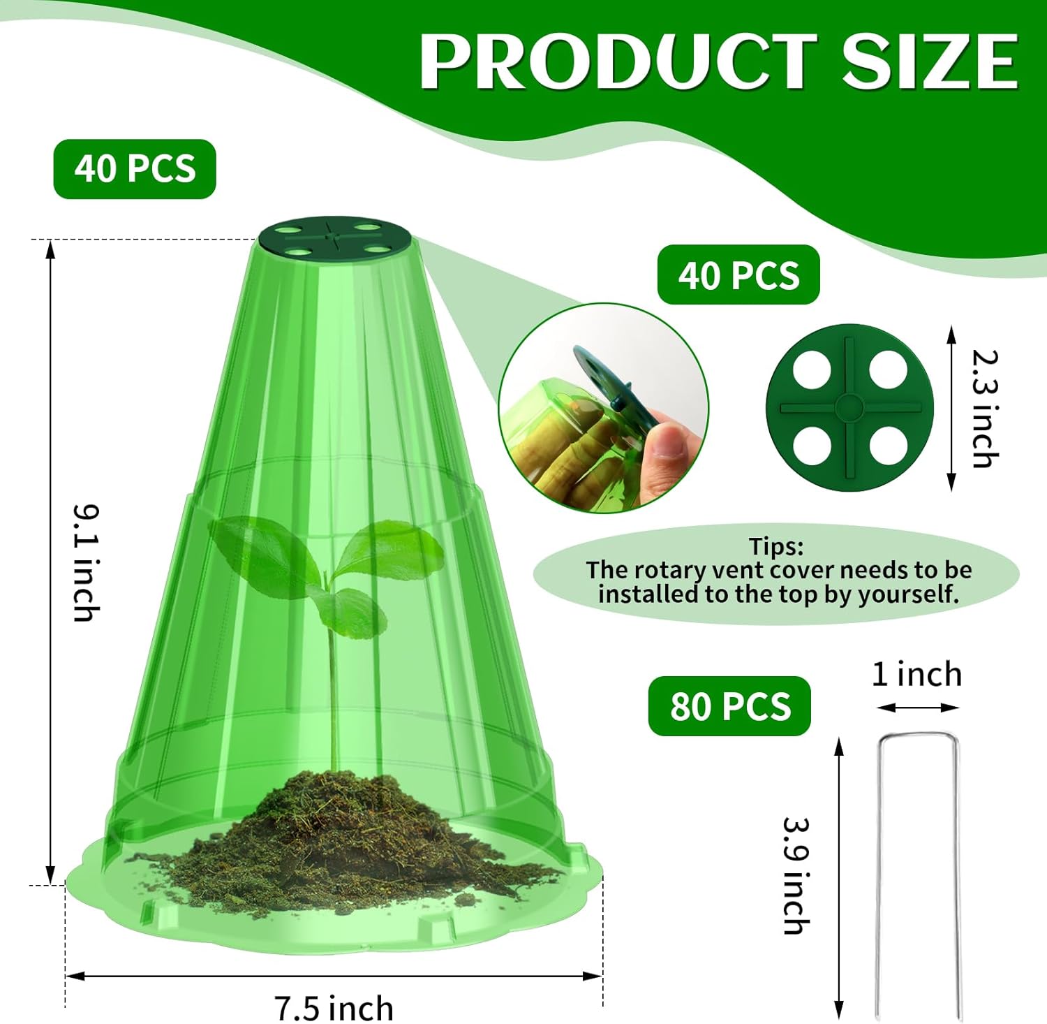 Garden Cloches for Plants, 40 Pack Garden Cloche with Rotary Vent, Reusable Bell Plant Covers with 40Pcs Ground Stakes, Plant Cloche Protectors from Animals Snails Birds Chickens, 7.9" H X 6.7" D