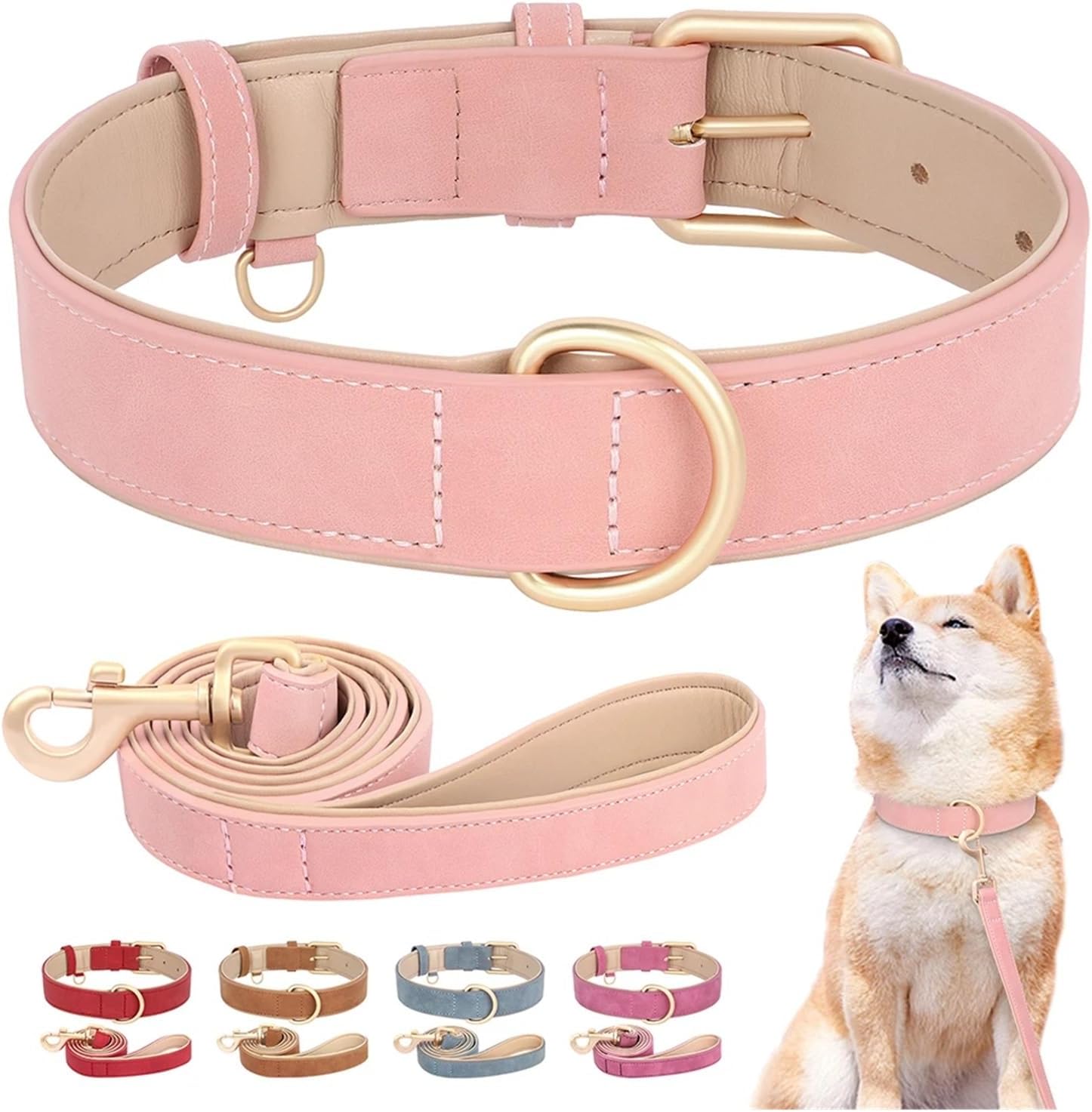 Soft Padded Dog Collar and Leash Set PU Leather Pet Necklace with Walking Rope Adjustable for Small Medium Dogs Pug(Pink Collar,X-Large)