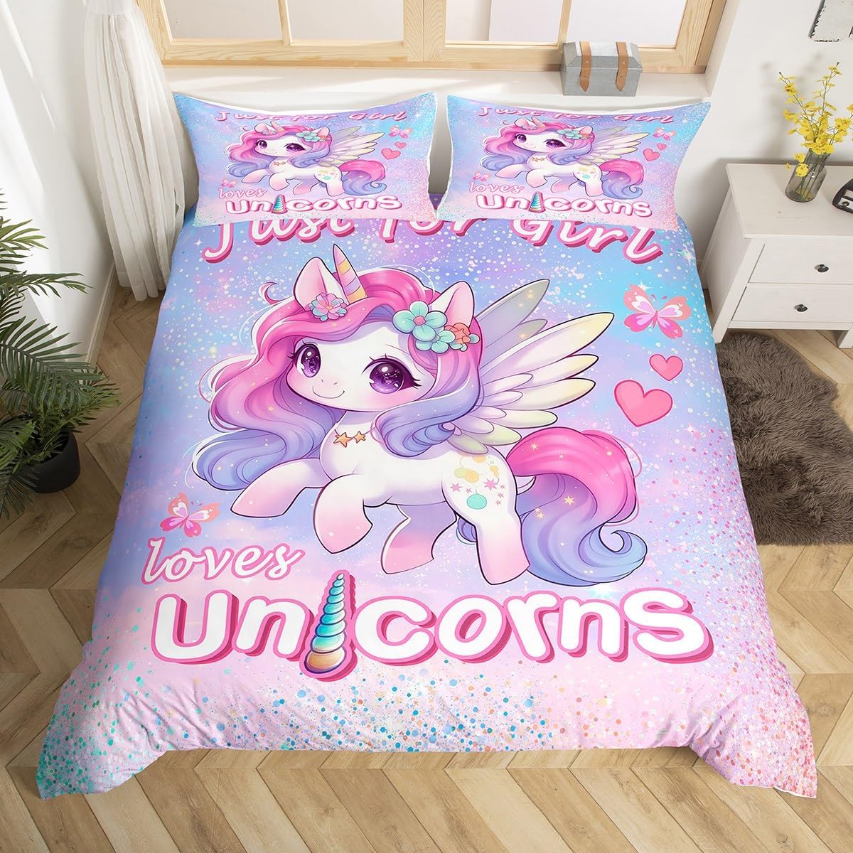 Erosebridal Unicorn Girls Bedding Set Cute Toddler Kids Unicorn Comforter Cover for Girls Blue Pink Pastel Ombre Duvet Cover Kawaii Unicorn Quilt Cover Soft Lightweight for All Season 2 Piece