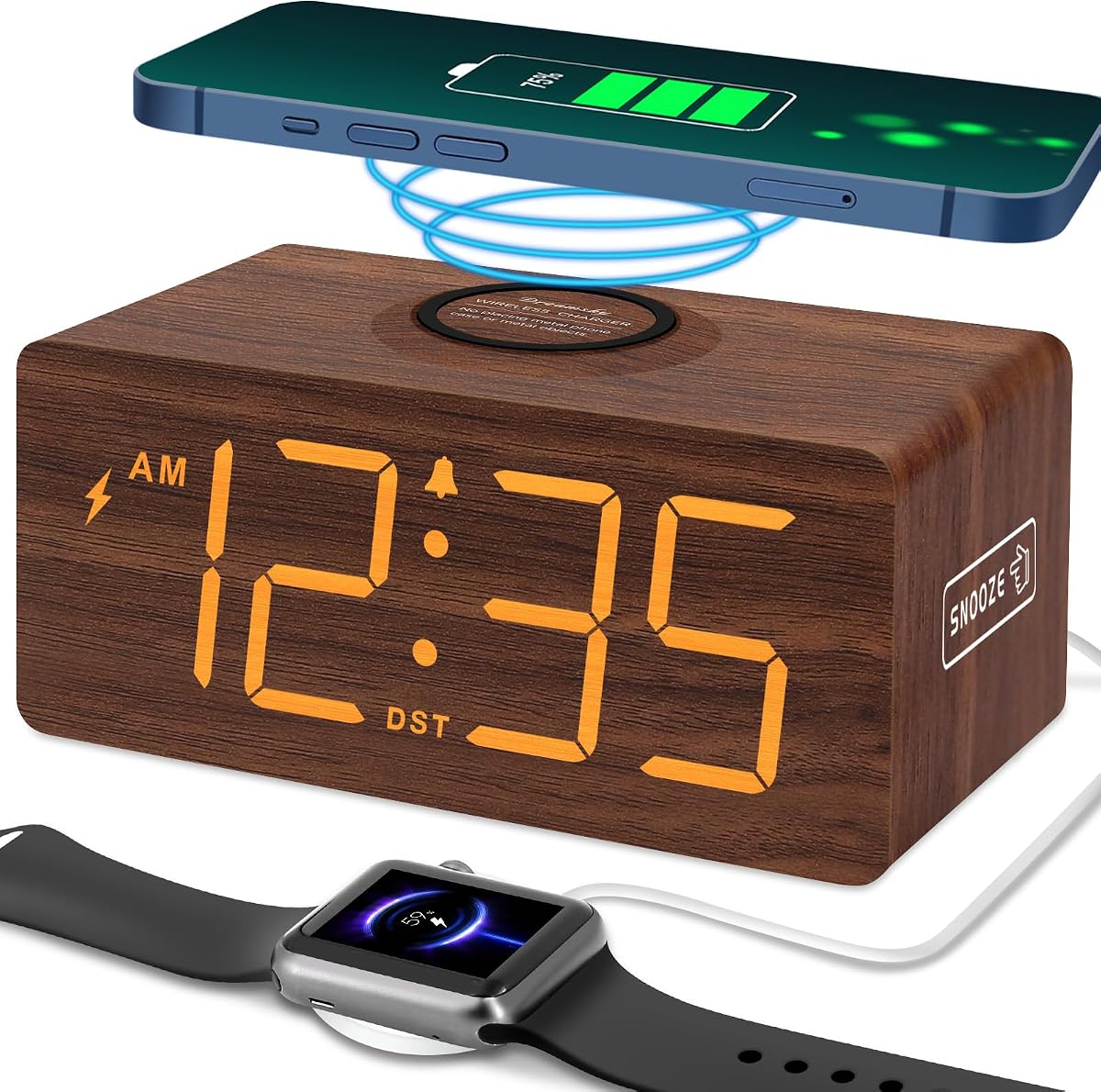 DreamSky Wooden Digital Alarm Clock with Wireless Charging for Bedroom, Bedside Nightstand Clock with Charger Station, USB Port, Large Numbers, Adjustable Volume, Brightness Dimmer, DST