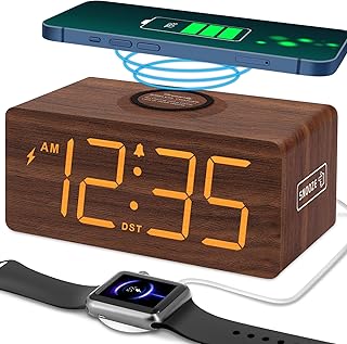 DreamSky Wooden Digital Alarm Clock with Wireless Charging for Bedroom | Bedside Nightstand Clock with Charger Station, USB Port, Large Numbers, Adjustable Volume, Brightness Dimmer, DST