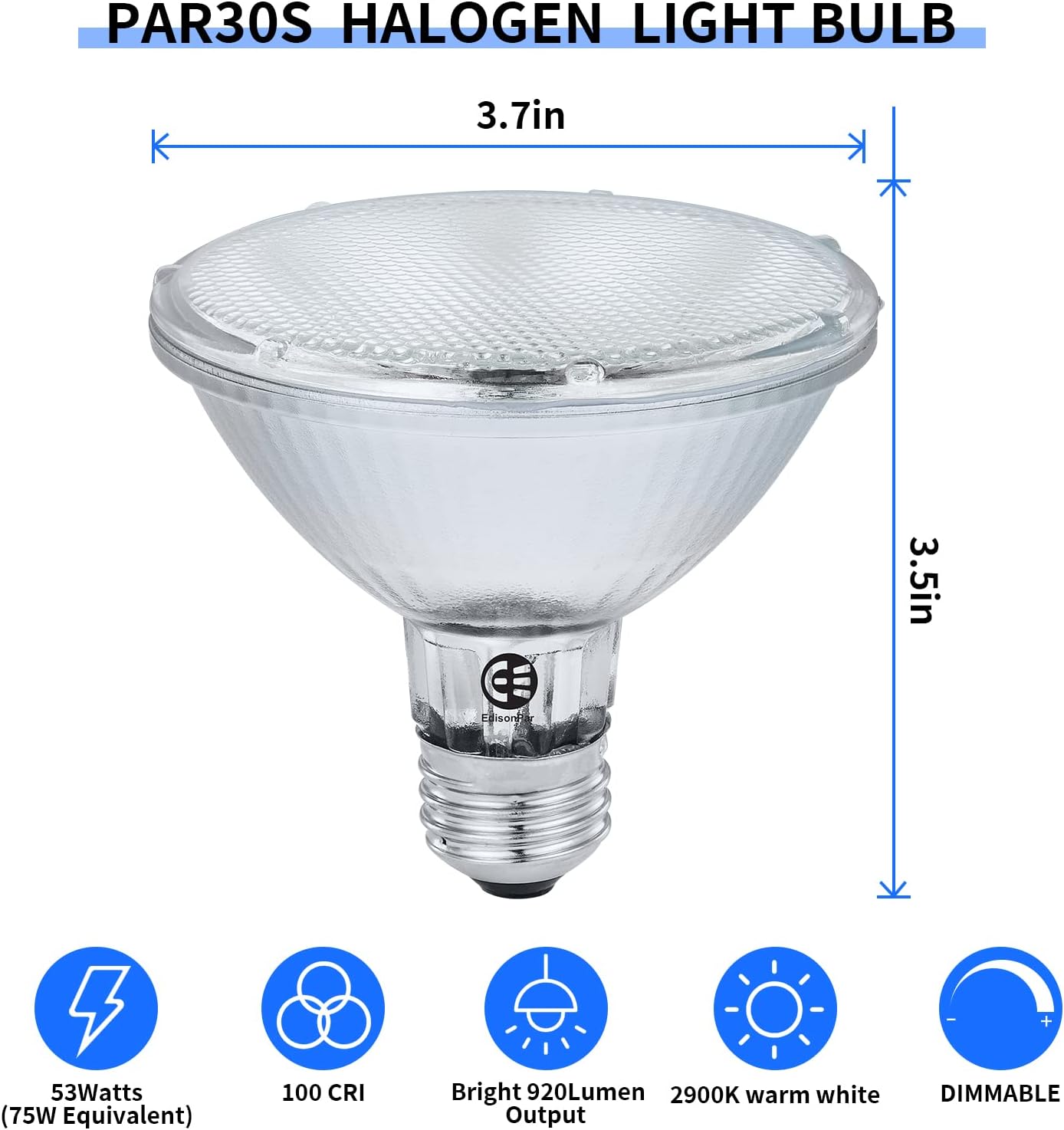 EdisonPar PAR30 ECO Halogne Bulb 6 Pack 75W Equivalent, 25 Degrees Flood Light Dimmable E26 Base, 2900K Warm White 920lumen 120V Indoor