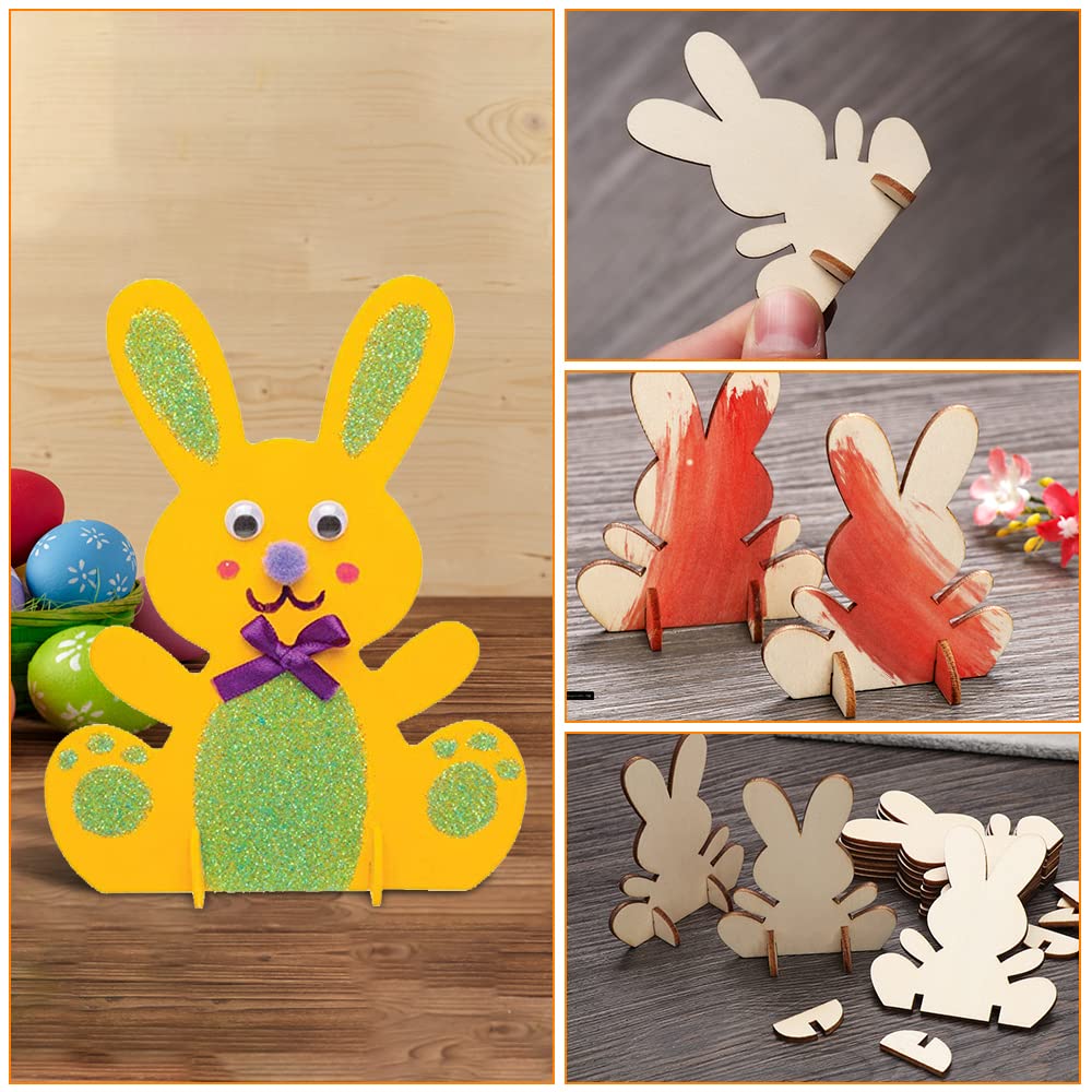 Doe-het-zelf paashaas, decoratie, 10 stuks, hazen van hout om te beschilderen, knutselset voor kinderen met kleurrijke mini-pompons en oogjes en beschilderde set, voor kinderen, voor Pasen en lente om