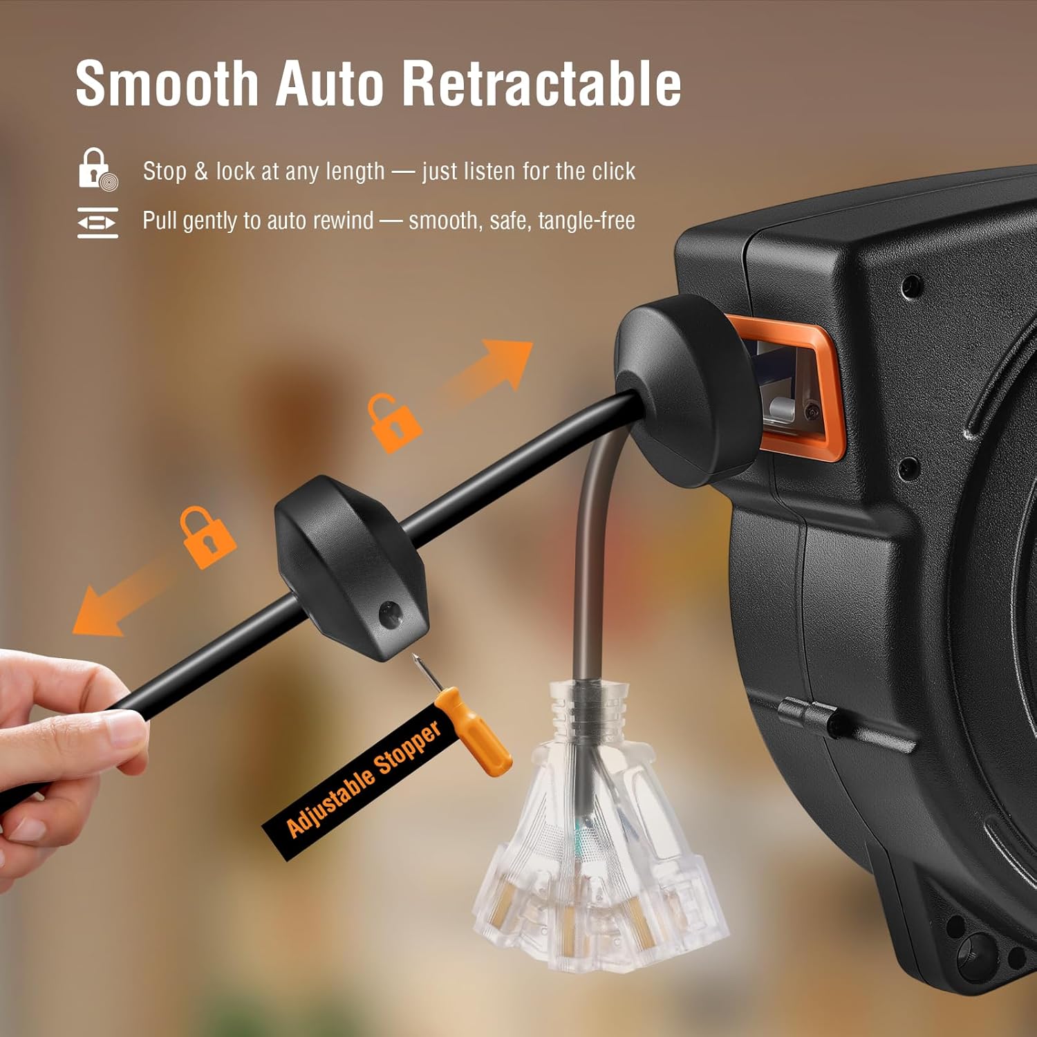 SURAIELEC 12 Gauge Extension Cord Reel, 45 FT Retractable Extension Cord, 12 AWG/3C SJTOW Heavy Duty Power Cord, 15 AMP Circuit Breaker, Lighted Triple Tap, Ceiling or Wall Mount, ETL Listed, Orange