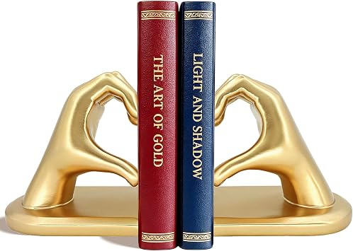 Bookends for Heavy Books, Gold Heart Decorative Book Ends for Shelf