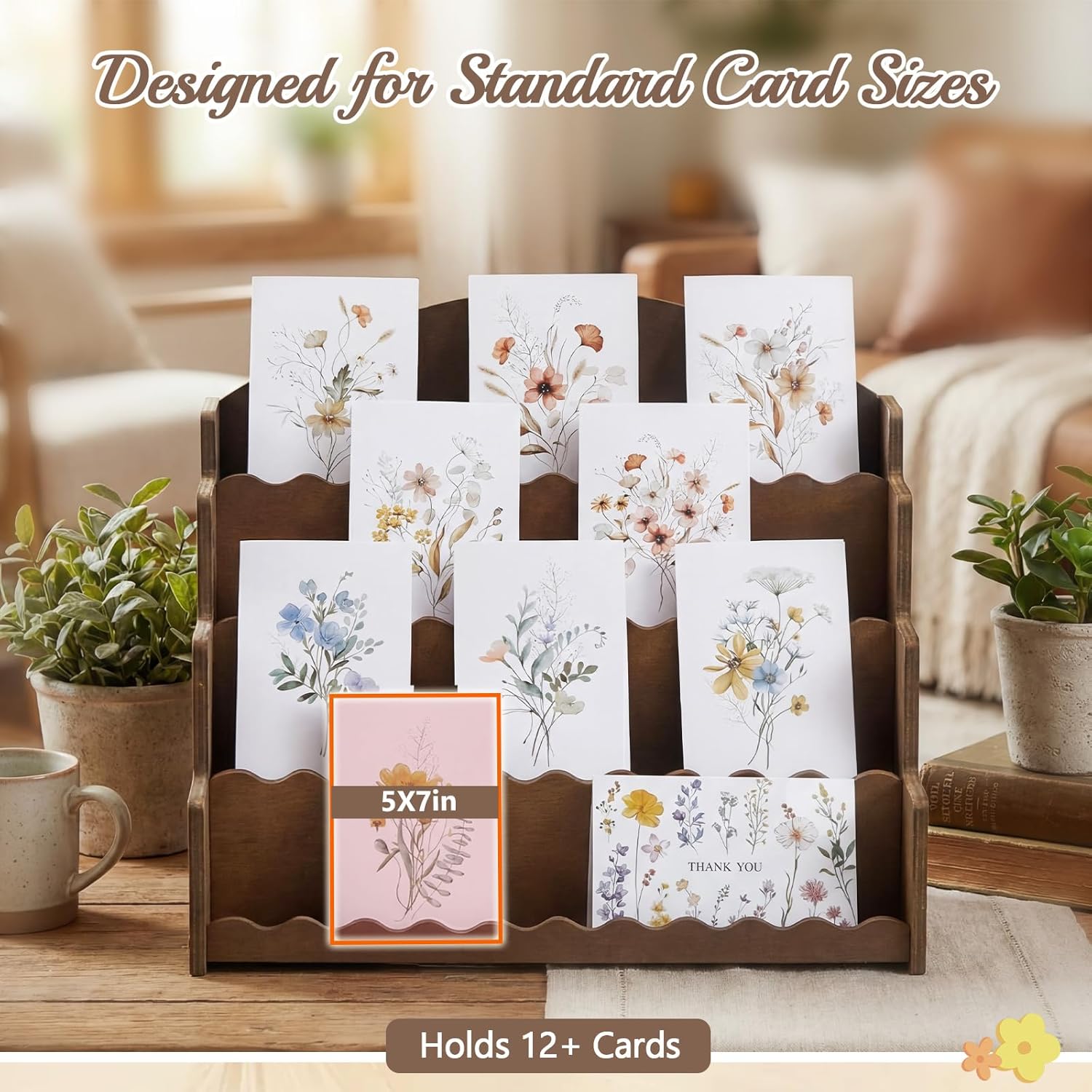 Gerrii Scalloped Greeting Card Display Stand Holder 4-tier Wooden Vintage Sticker Display Stand Greeting Card Organizer Holder Rack for Cards, Sports Cards, Postcards, Stickers & Brochures, Brown