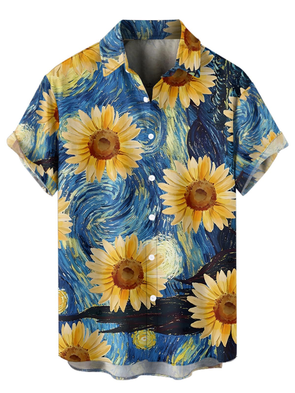 DRESSFO Passendes Hawaii-Outfit für Paare, Sonnenblumen-Druck, Hemd oder Mock-Knopf, Tankgürtel, Minikleid