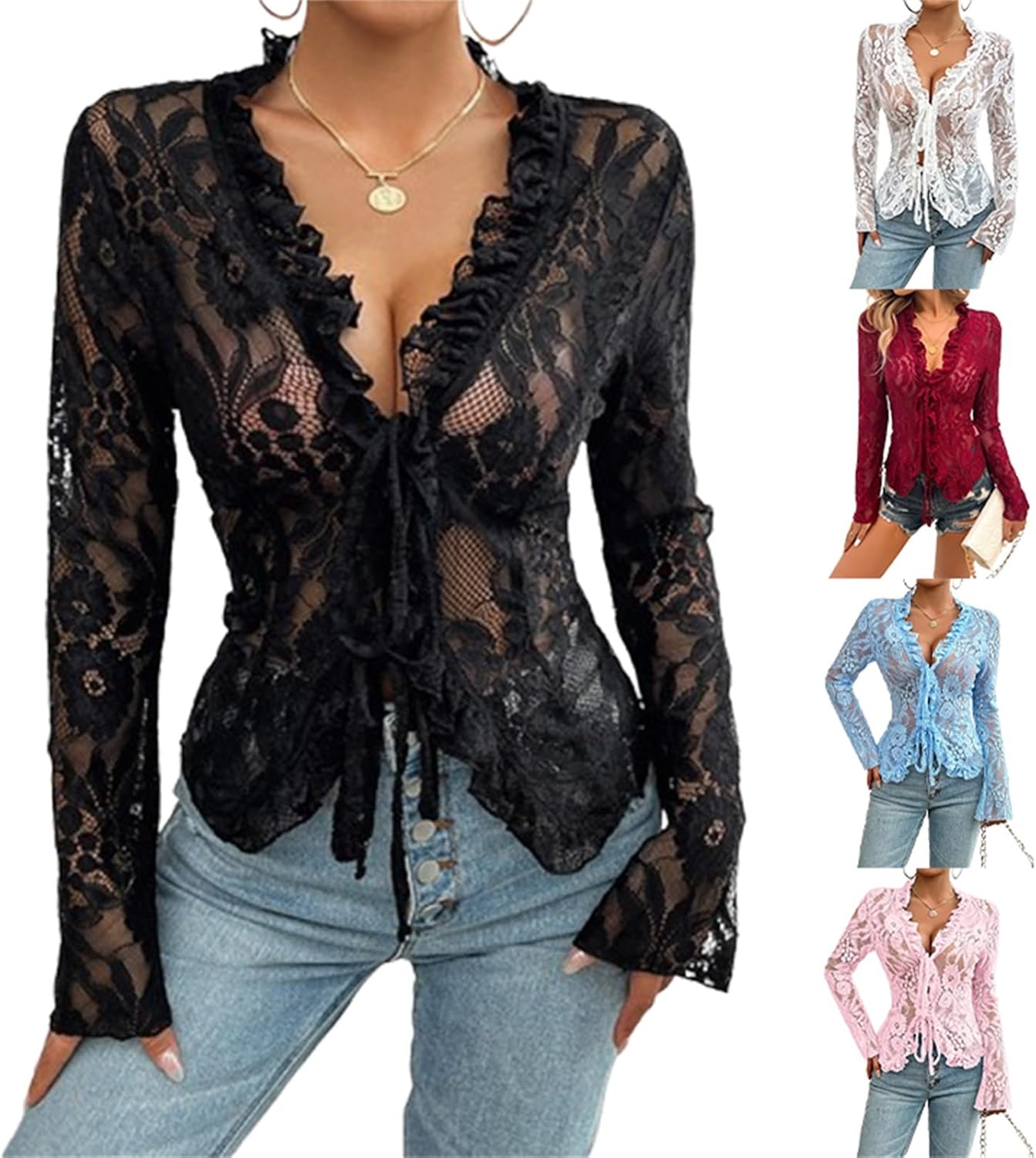 Women Y2K Floral Lace Sheer Crop Top Embroidery V Neck Long Flared Sleeve Shirt Sexy See Through Blouse Top - Image 6