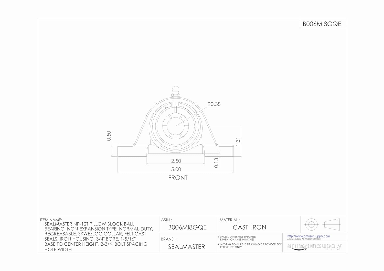 Sealmaster NP-12T Pillow Block Ball Bearing, Non-Expansion Type, Normal-Duty, Regreasable, Skwezloc Collar, Felt Seals, Cast Iron Housing, 3/4" Bore, 1-5/16" Base to Center Height, 3-3/4" Bolt Hole Spacing Width