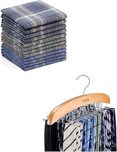 Ohuhu - Pañuelos de algodón para hombre, 12 piezas de pañuelos para hombre + estante de corbata, organizador de 24 ganchos para armario