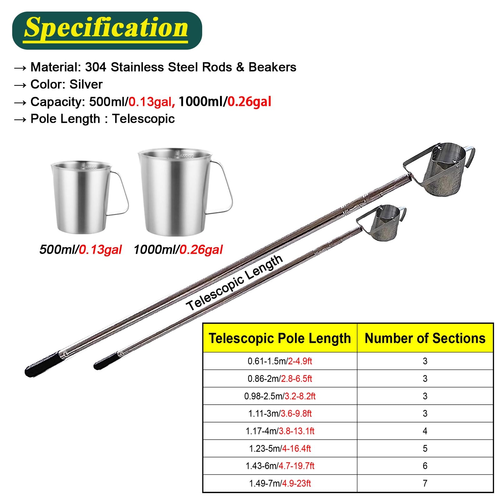 Extra Long Water Sampler Telescopic Handle, Lake/Reservoir/Wellhead Vertical Swing Beaker Water Sample Collection Pole, with 16.9/33.8fl oz Graduated Cup, Detachable Water Sampling Funnel(500ml/16.9fl