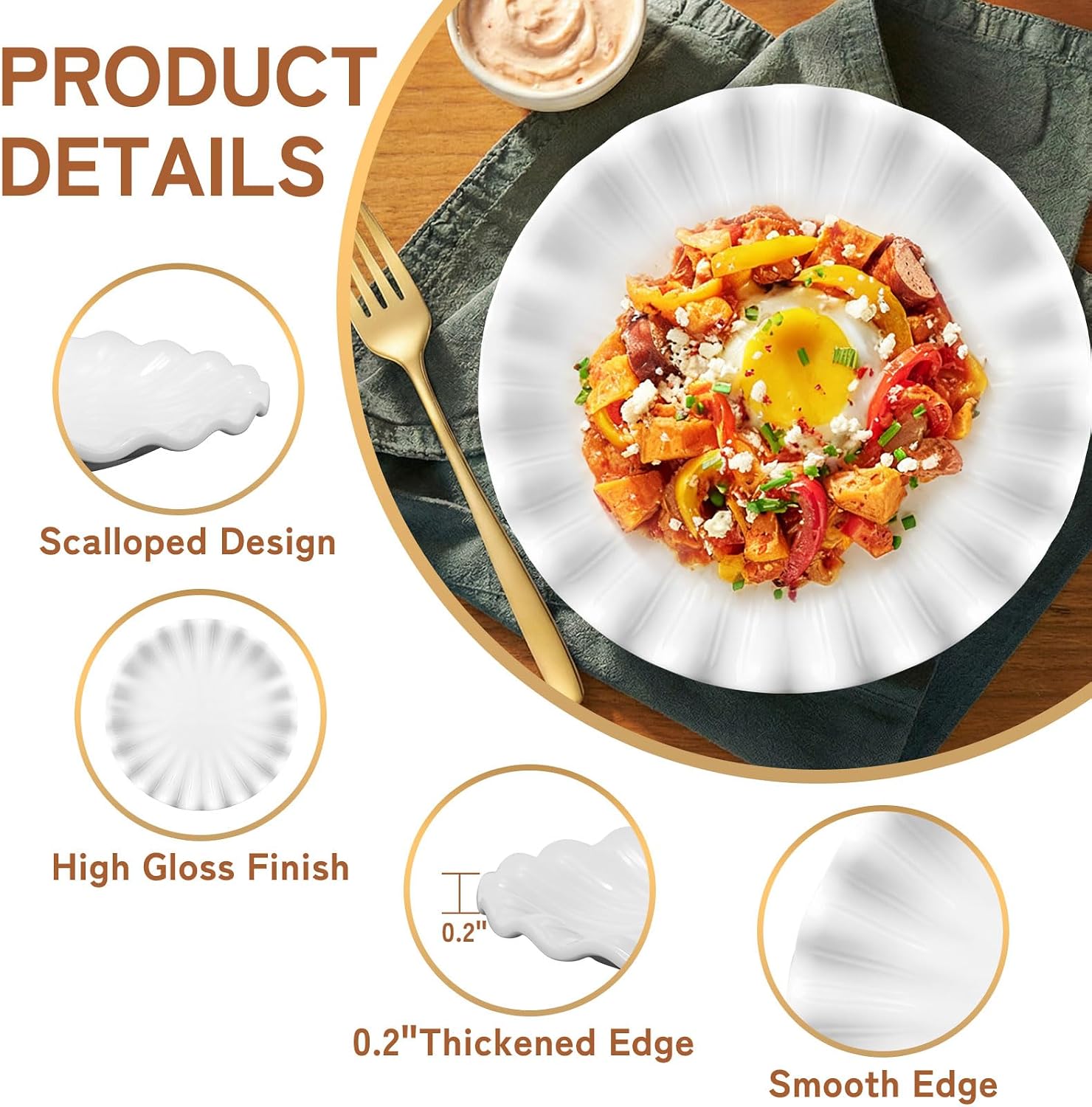 Unbreakable Dinner Plates Set of 4, Scalloped Edge Melamine Plates, Shatter-Proof & Lightweight, Plastic Plates Reusable for Party, Picnic, Outdoor Dining, BBQ,Wedding,Dishwasher Safe
