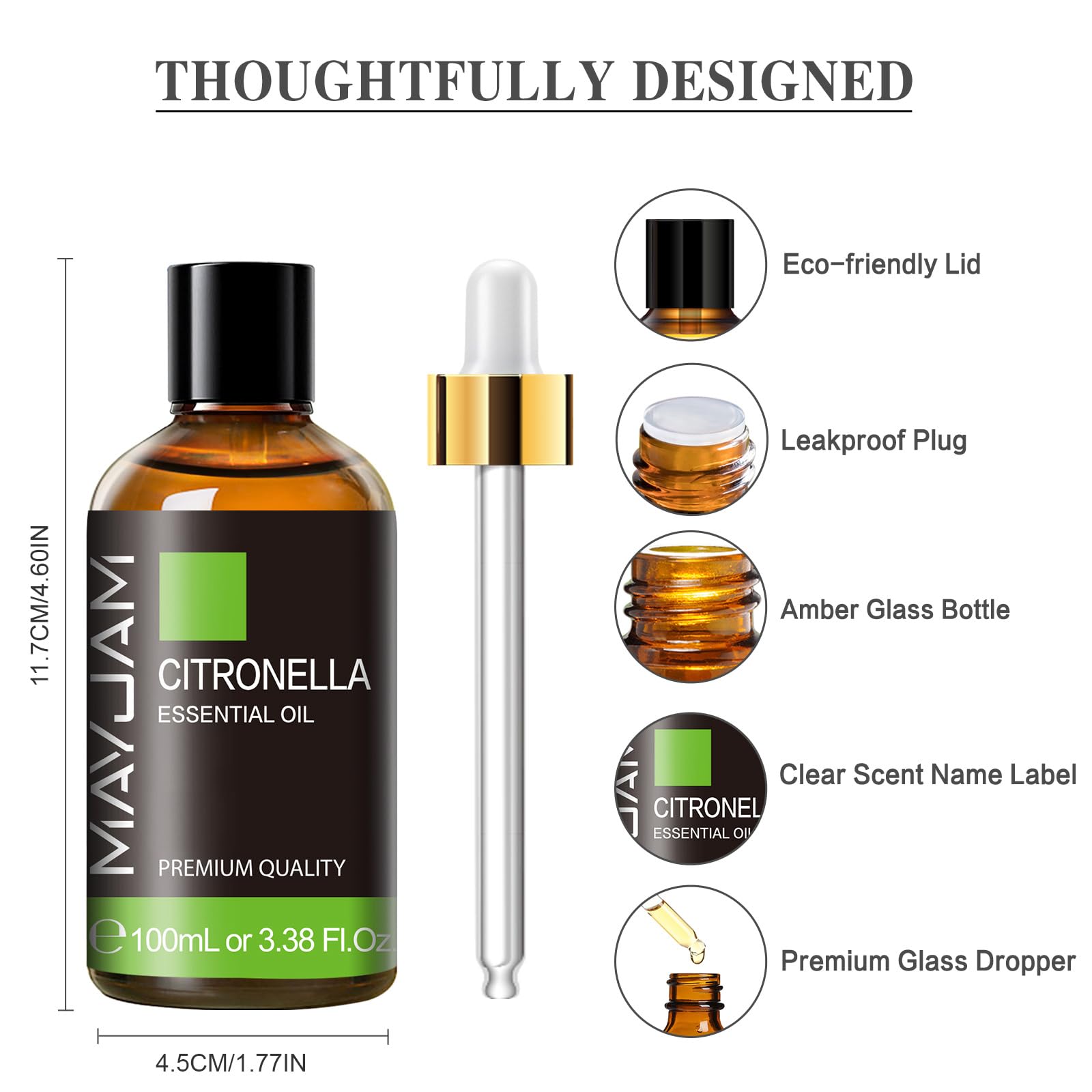 MAYJAM Olio Essenziale Di Citronella-1 100ml, Olio Di Citronella Per Diffusori, Umidificatori, Fai Da Te, Guardaroba