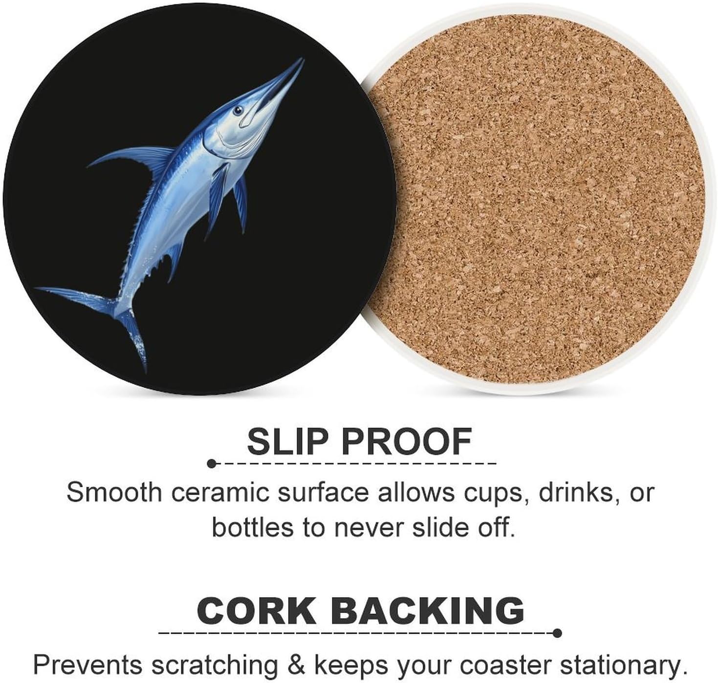 Blue Marlin Fish Round Ceramic Coasters for Drinks Absorbent Cup Holder Tabletop Protector with Cork Base