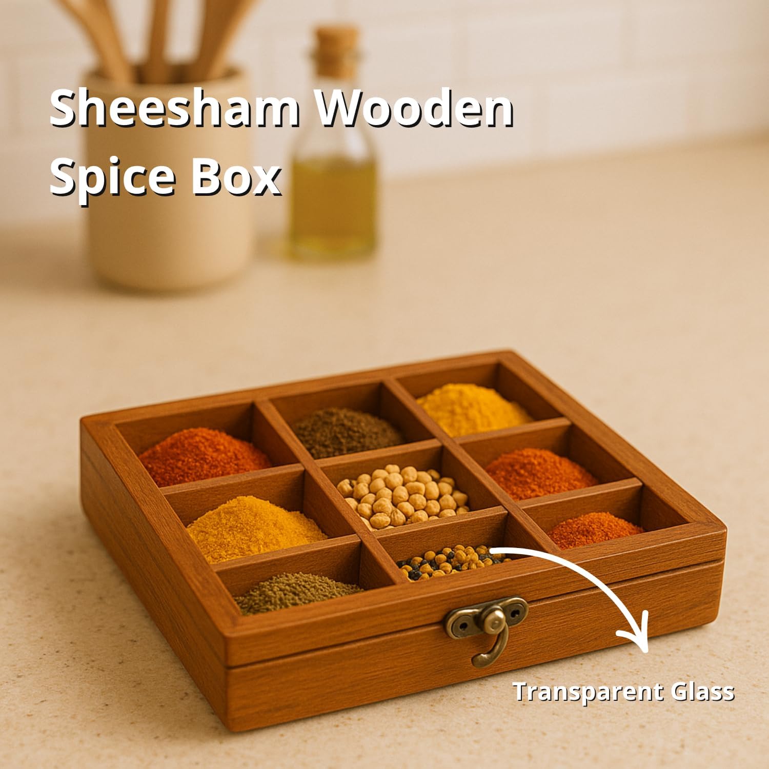 Wooden Spicebox with 9 Containers | Compact & Sustainable Masala Box with Spoon & Glass Lid for Kitchen | Rustic Wooden Spice Storage for Herbs & Spices (7.5" x 7.5")