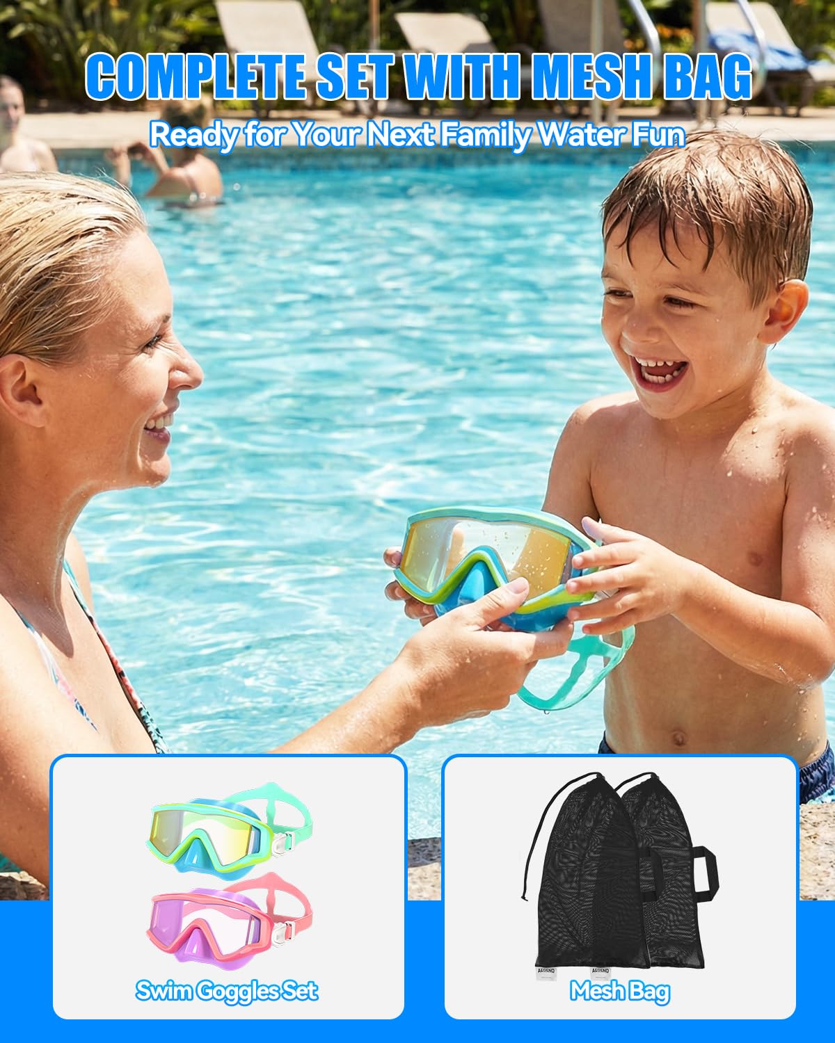 Aegend Gafas de natación para adultos y niños, gafas antivaho de visión amplia de 220° con bolsa de malla para interiores y exteriores, piscina, playa, natación