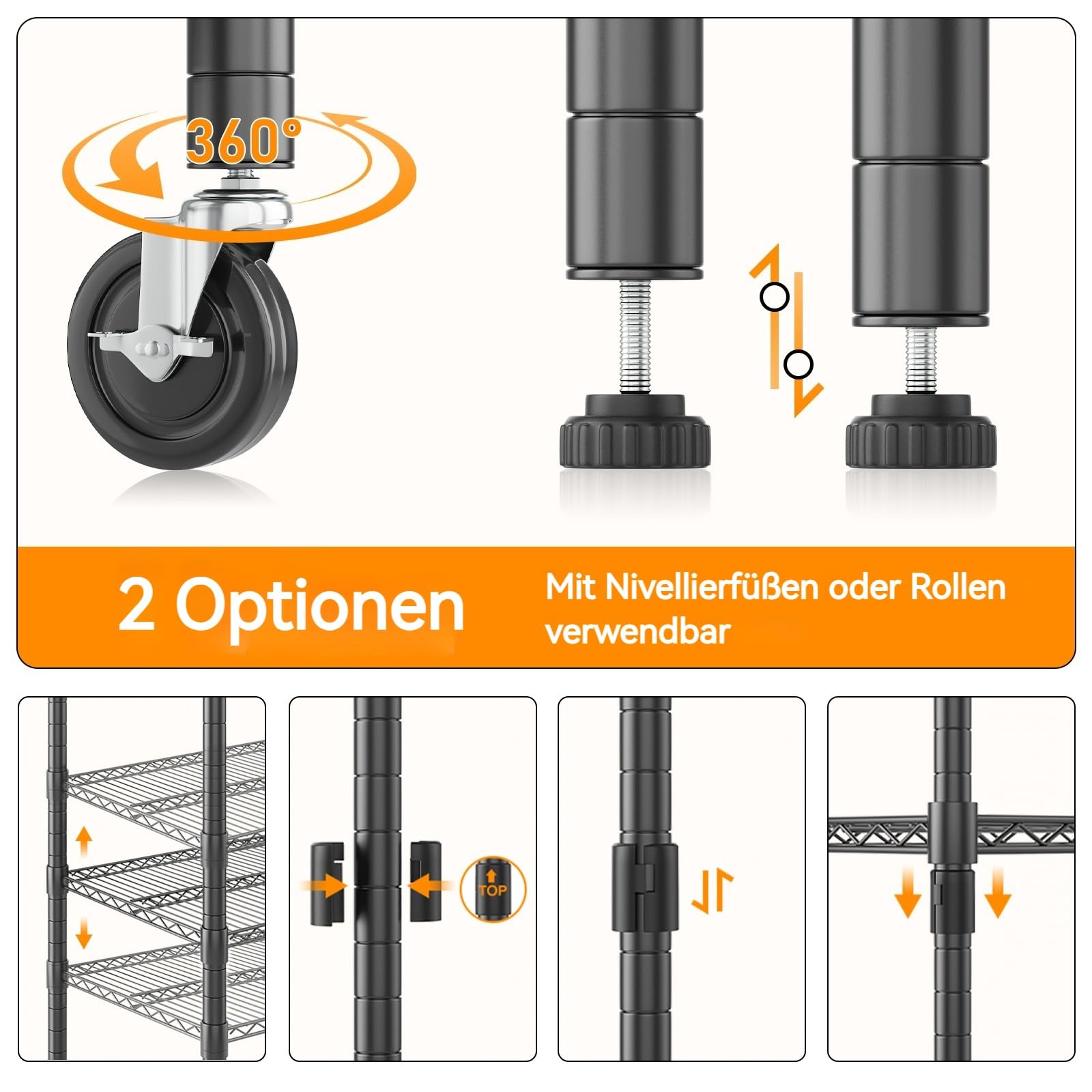 Himimi 4-stufige Metallregaleinheiten für die Aufbewahrung mit Rädern und Nivellierfüßen, höhenverstellbare Drahtregaleinheit, Regalsystem für Badezimmer Küche 400 kg Kapazität, 76x35x183 cm Schwarz