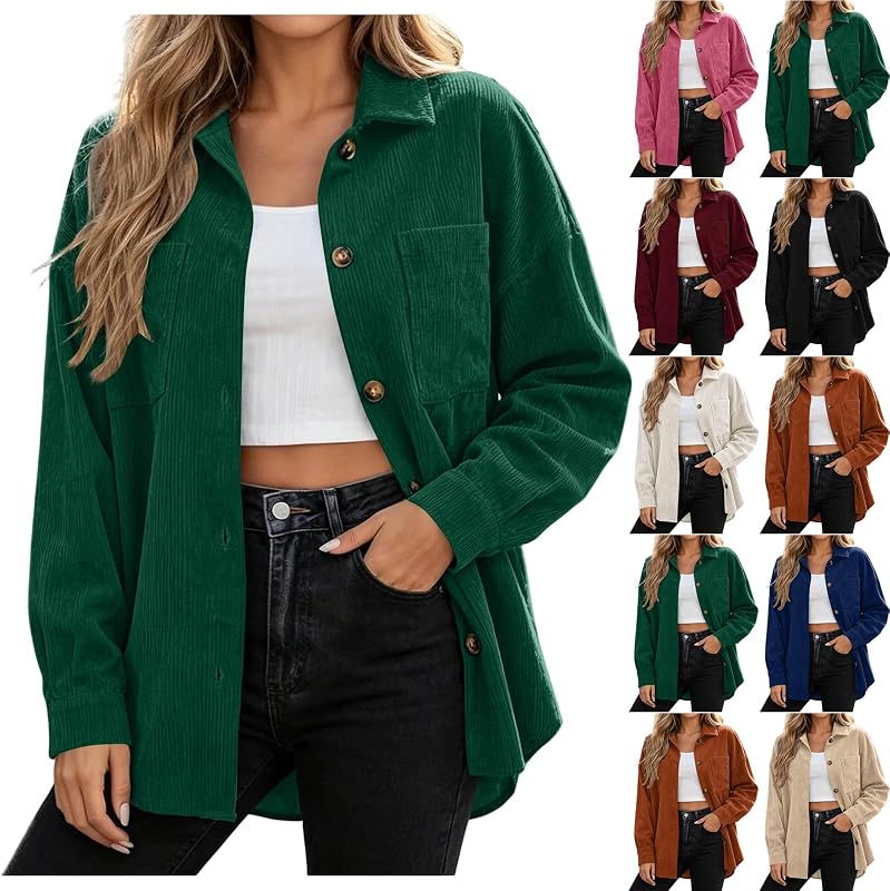 BUERCWS Women Lapel Corduroy Shacket Button Down in #F01-army Green