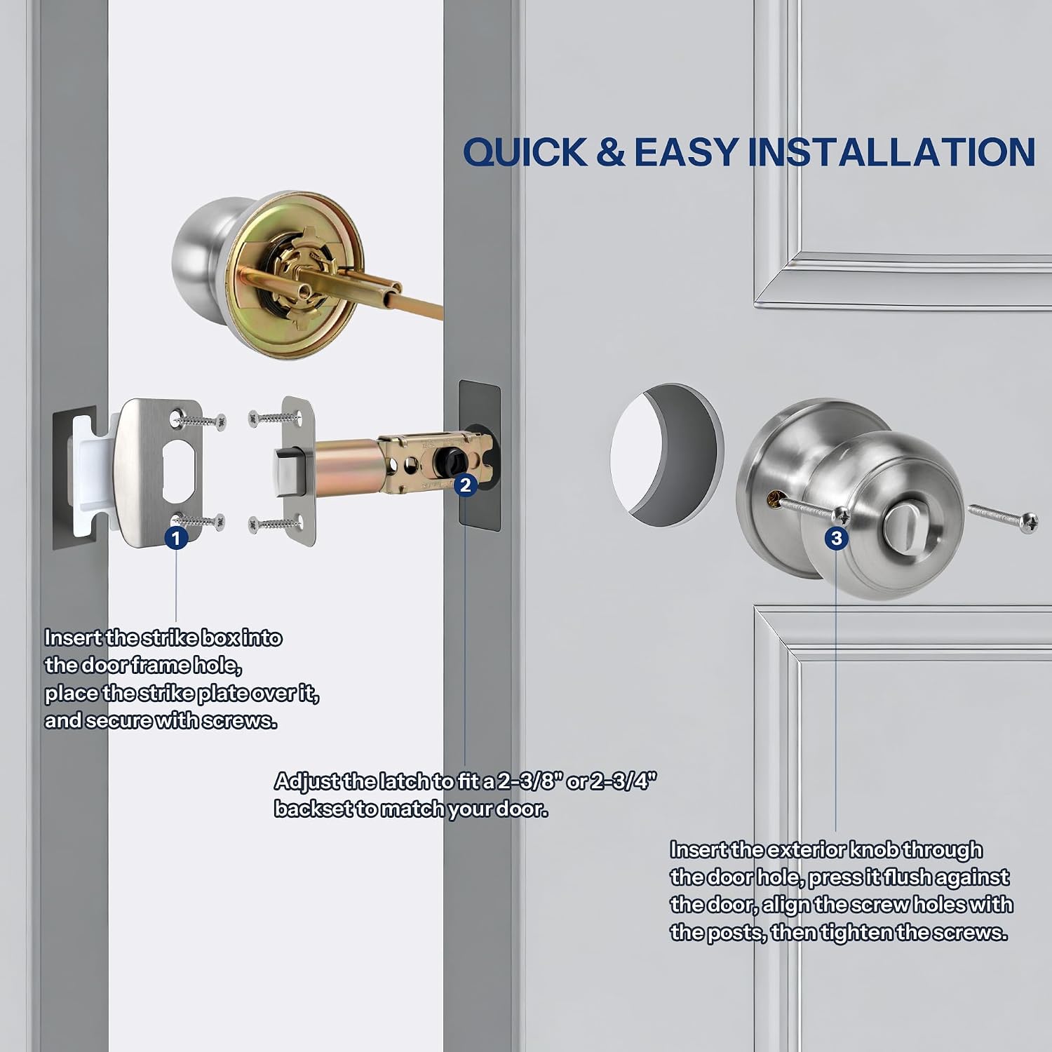 Privacy Door Knob, KEYLESS Interior Door Lock Right and Left Side Bedroom, Bathroom, Satin Nickel,1 Pack
