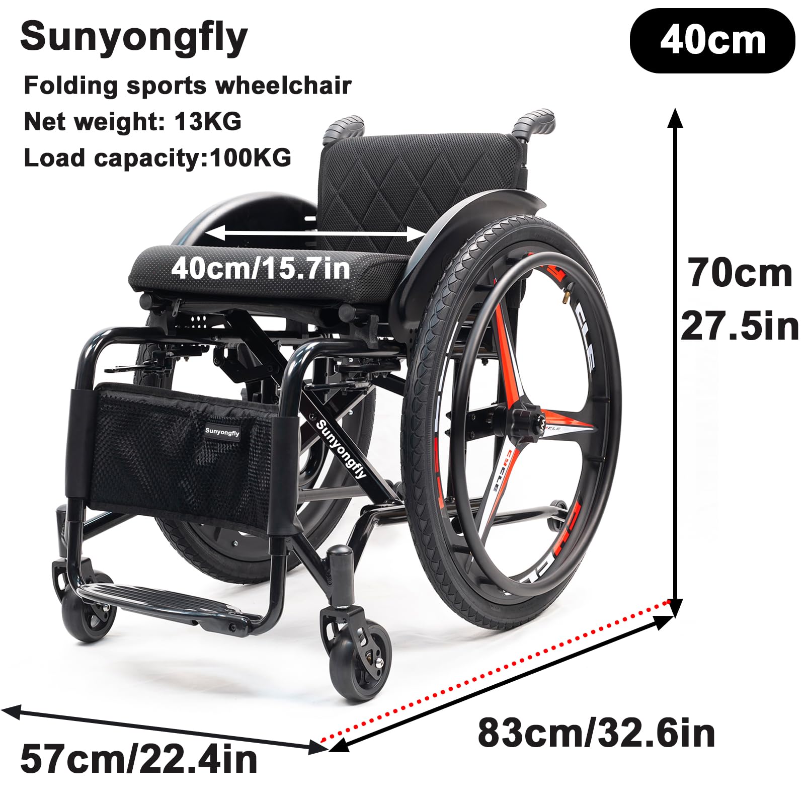 Silla de Ruedas Ligera para Adultos Silla de Ruedas de Aluminio Silla de Ruedas Deportiva Plegable Cómodo Respaldo Acolchado con reposapiés Ajustable y Altura de Asiento(Seat Width 40cm,B)