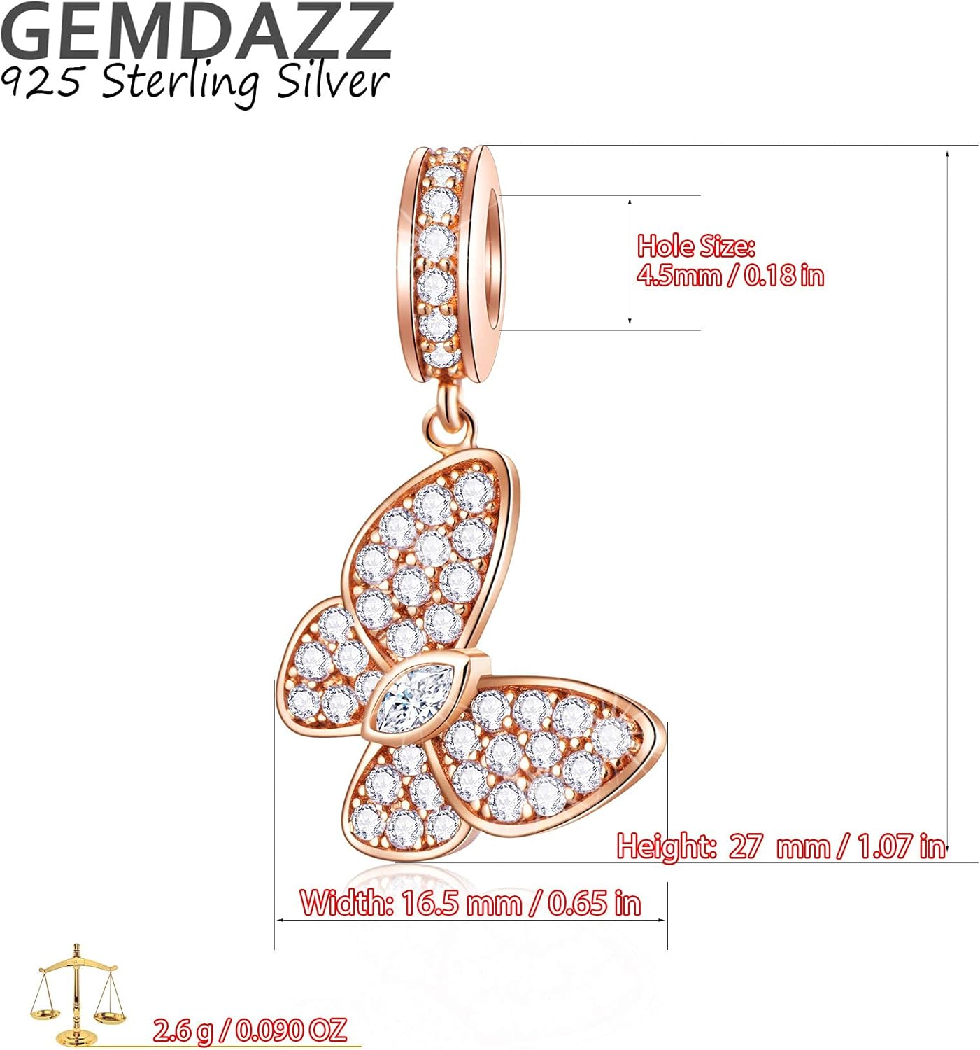 GEMDAZZ Rose Gold Butterfly Charm and Round Shape Pink Enamel Bead Set Fit DIY Bracelet, in 925 Sterling Silver, Gift for Sister/Mother/Girl