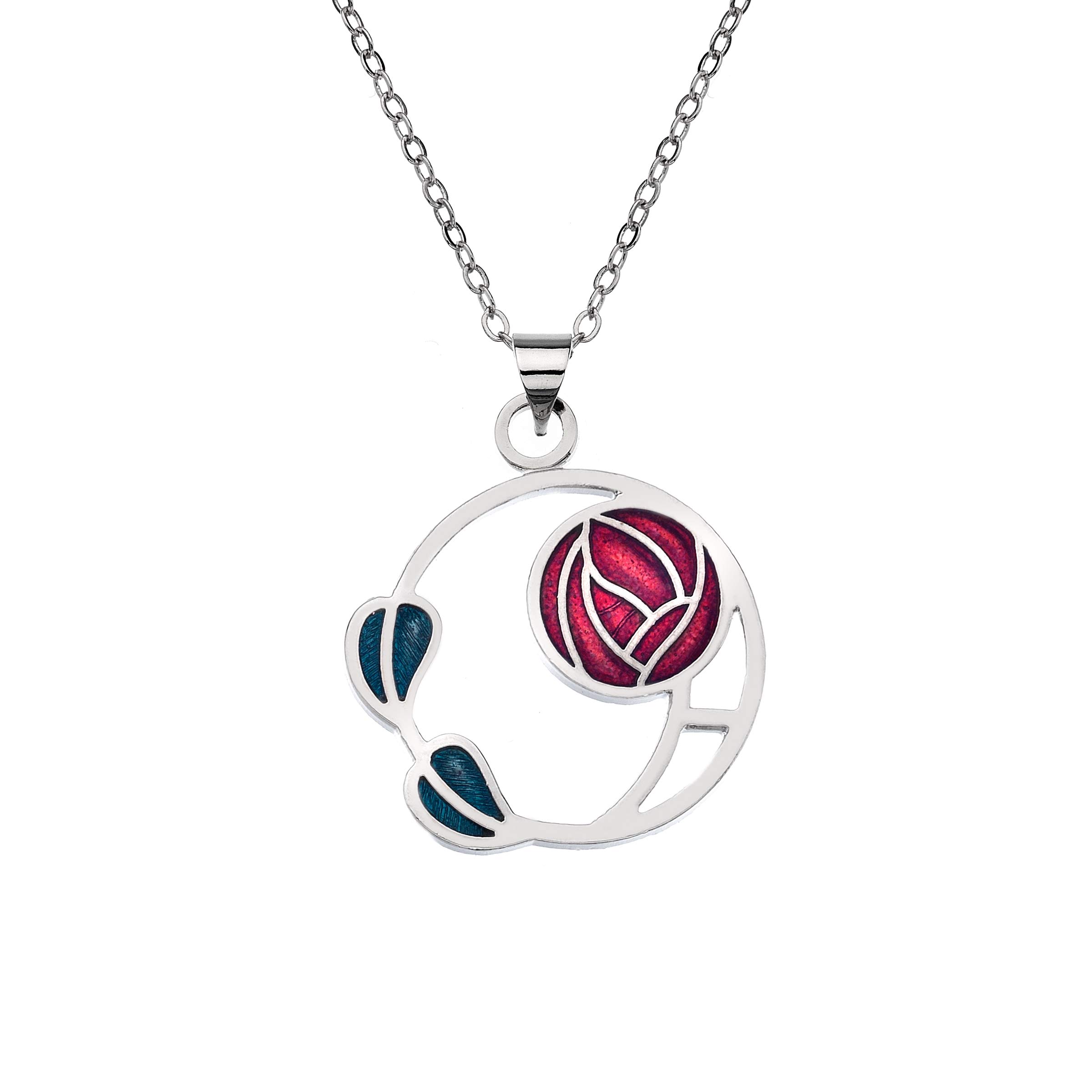 Rennie Mackintosh Inspired Round Enamelled 22mm Rose and Double Leaf Necklace Pendant On 16 Inch Chain In Presentation Box