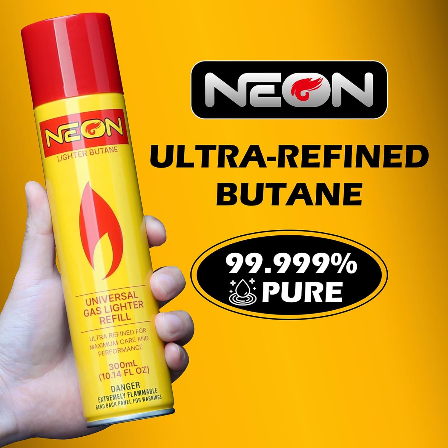 NEON Butane Fuel Refill, 300ml Ultra Refined Lighter Fluid, Premium 99.999% Pure Butane Gas with Metal Nozzle and 5 Butane Adapter Tips for Torch Lighter, Kitchen Torches, Refillable Lighters