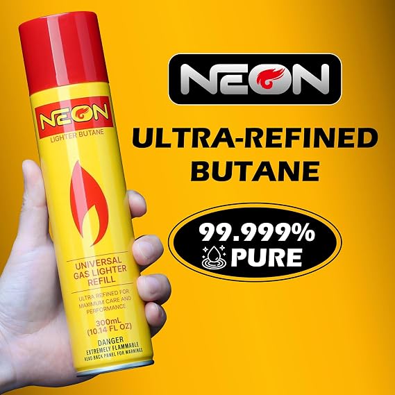 NEON Butane Fuel Refill, 300ml Ultra Refined Lighter Fluid, Premium 99.999% Pure Butane Gas with Metal Nozzle and 5 Butane Adapter Tips for Torch Lighter, Kitchen Torches, Refillable Lighters